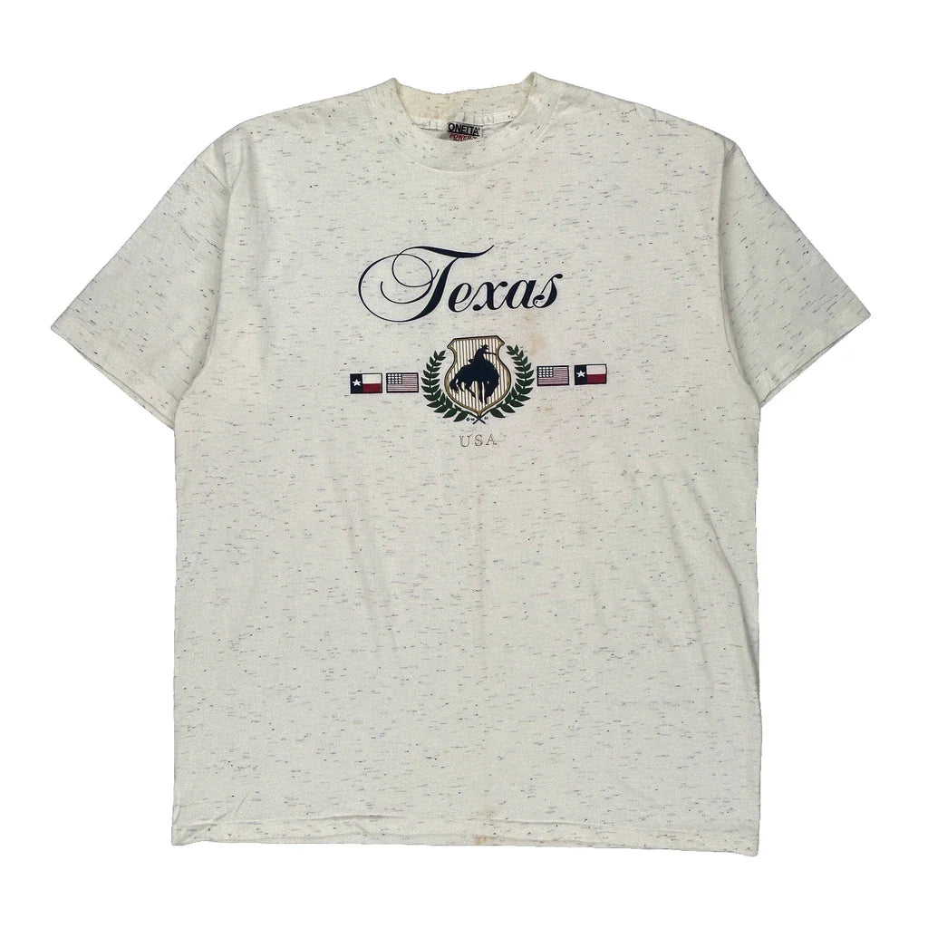 Texas Oneita Single Stitch T-Shirt - XL Cream Cotton Refurbished - Thrifted (note: this is a term often used to describe second- refurbished available on Cerqular