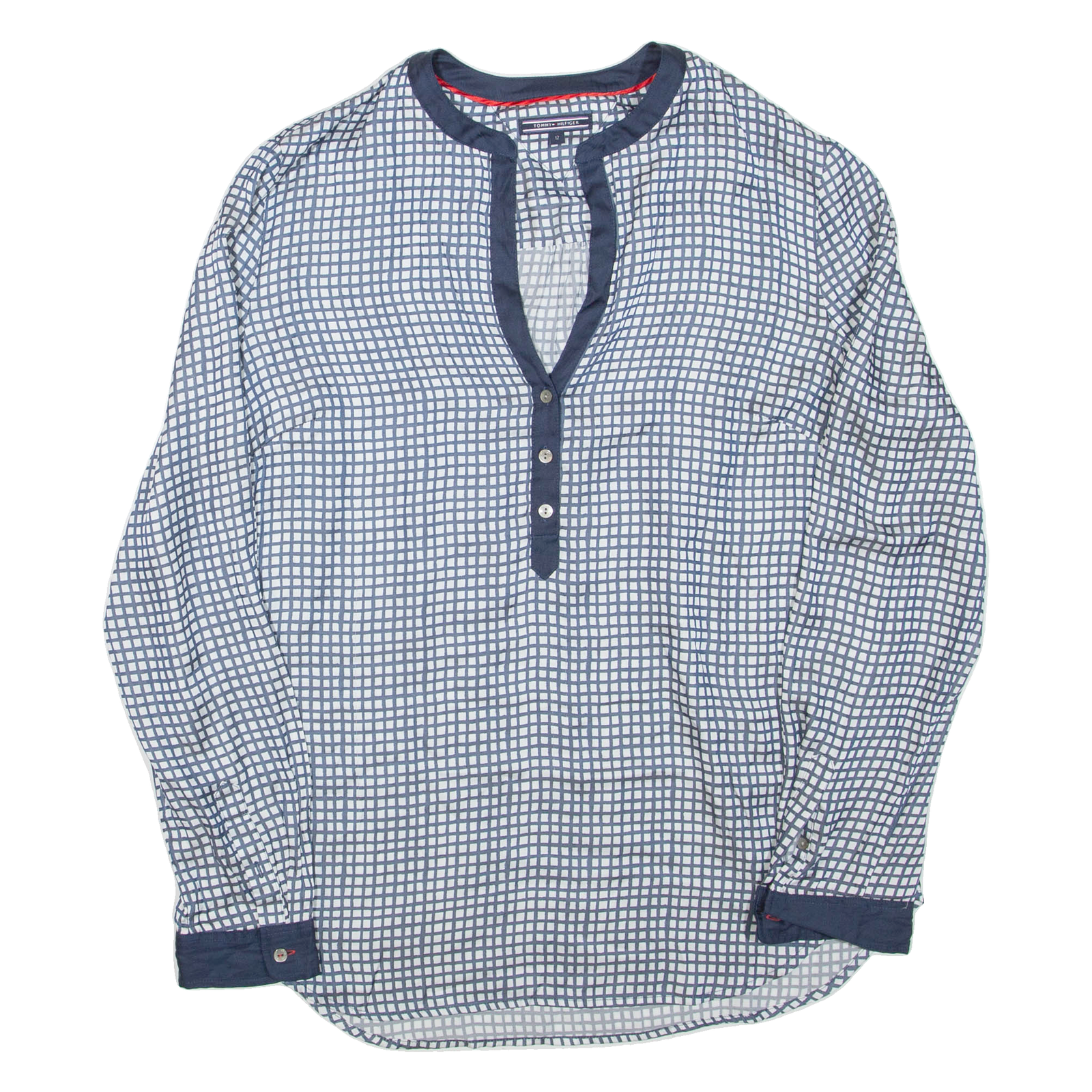 TOMMY HILFIGER Womens Printed Blouse Blue V-Neck Long Sleeve Check L Refurbished - N/A refurbished available on Cerqular