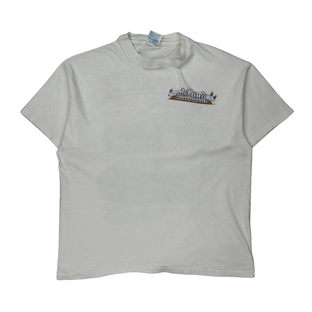 Island Motor Sports Hanes Graphic T-Shirt - XL White Cotton Refurbished - Thrifted (note: this is a term often used to describe second- refurbished available on Cerqular