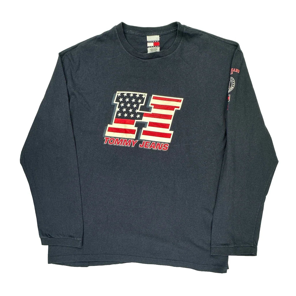 Tommy Jeans Long Sleeve T-Shirt - XL Navy Cotton Refurbished - Thrifted (note: this is a term often used to describe second- refurbished available on Cerqular