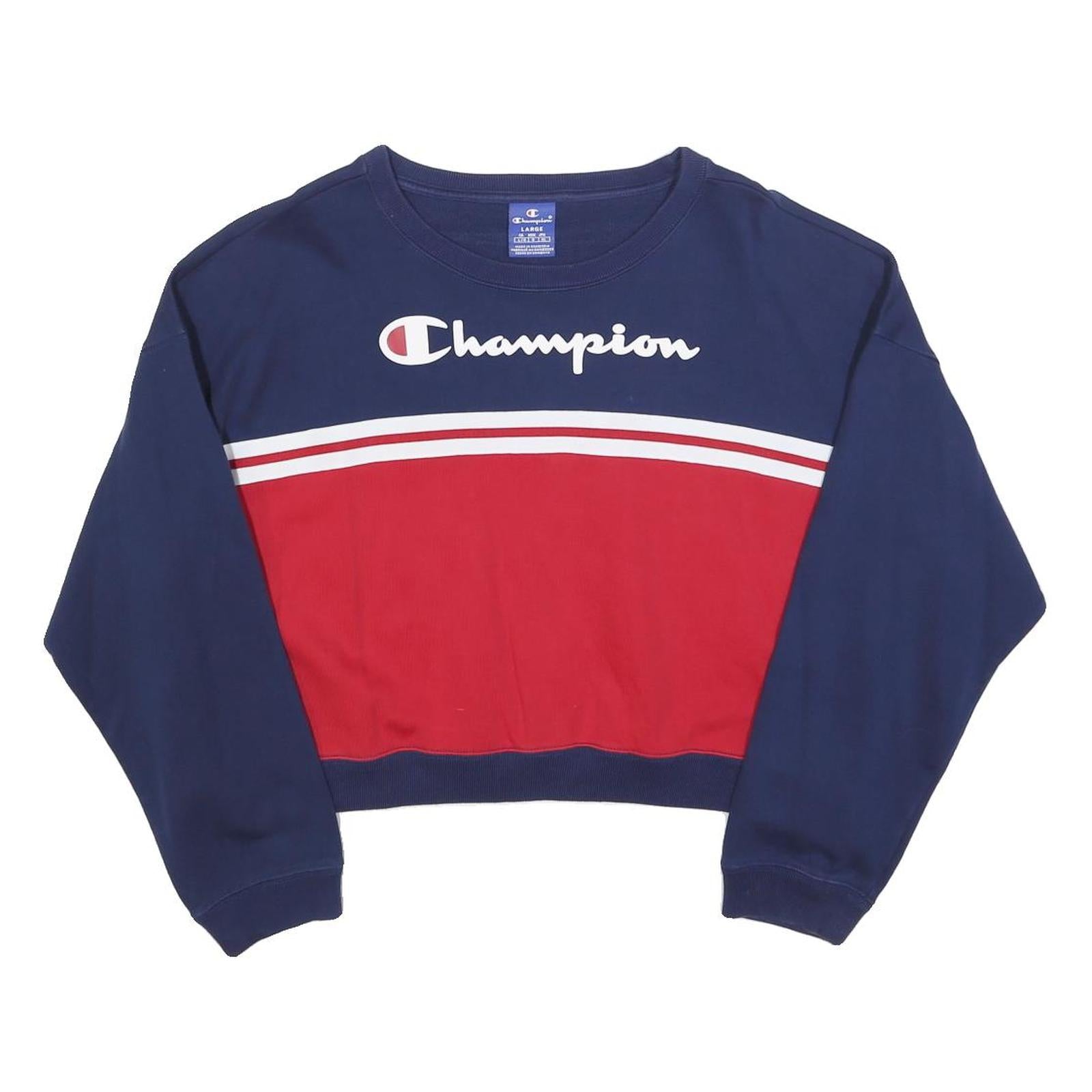 CHAMPION Womens Blue & Red Crew Neck L Cropped Sleeve Stripe Sweatshirt Refurbished - N/A refurbished available on Cerqular