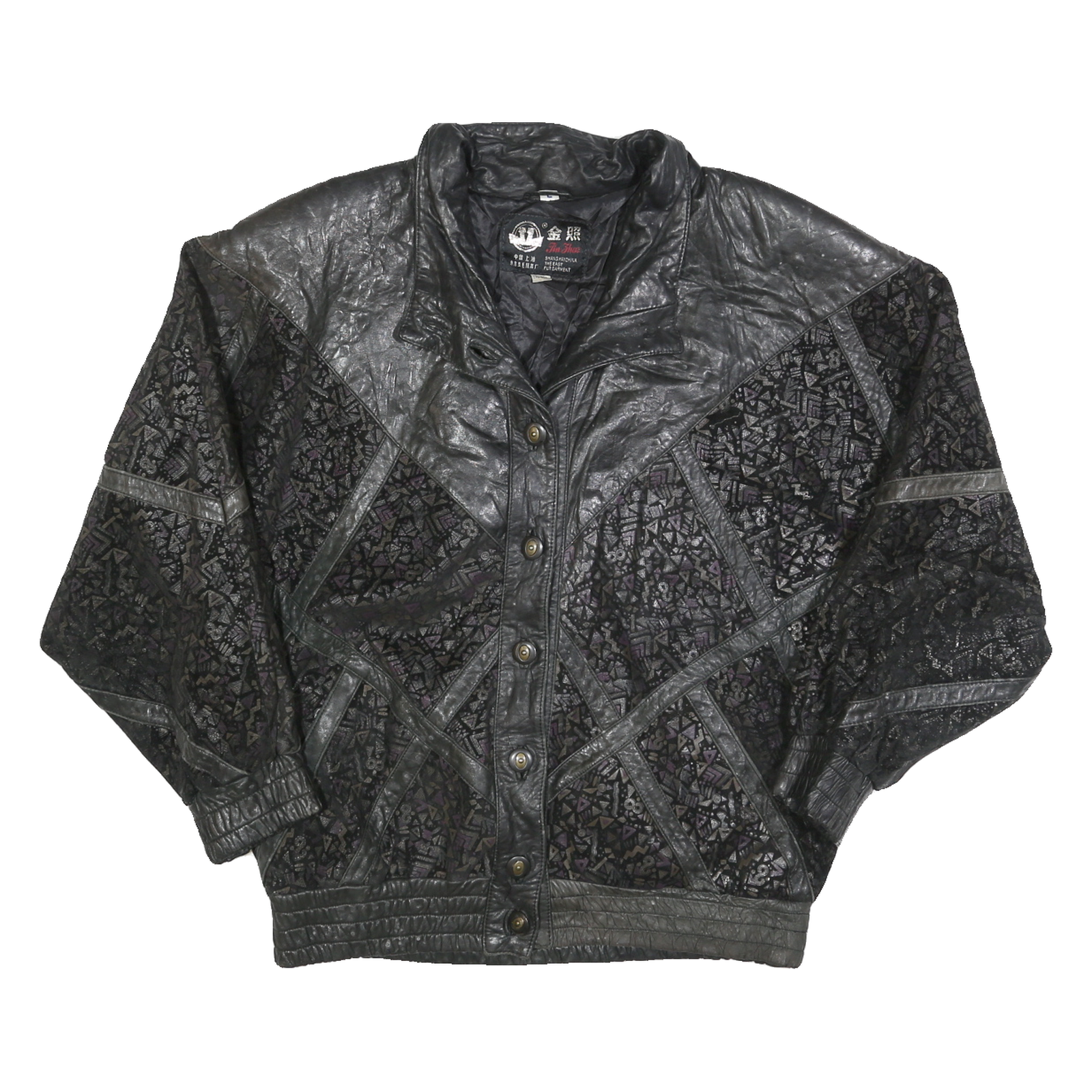 JIN ZHAO Womens Black Leather Button Jacket L Woven Patterned Retro Style Refurbished - N/A refurbished available on Cerqular