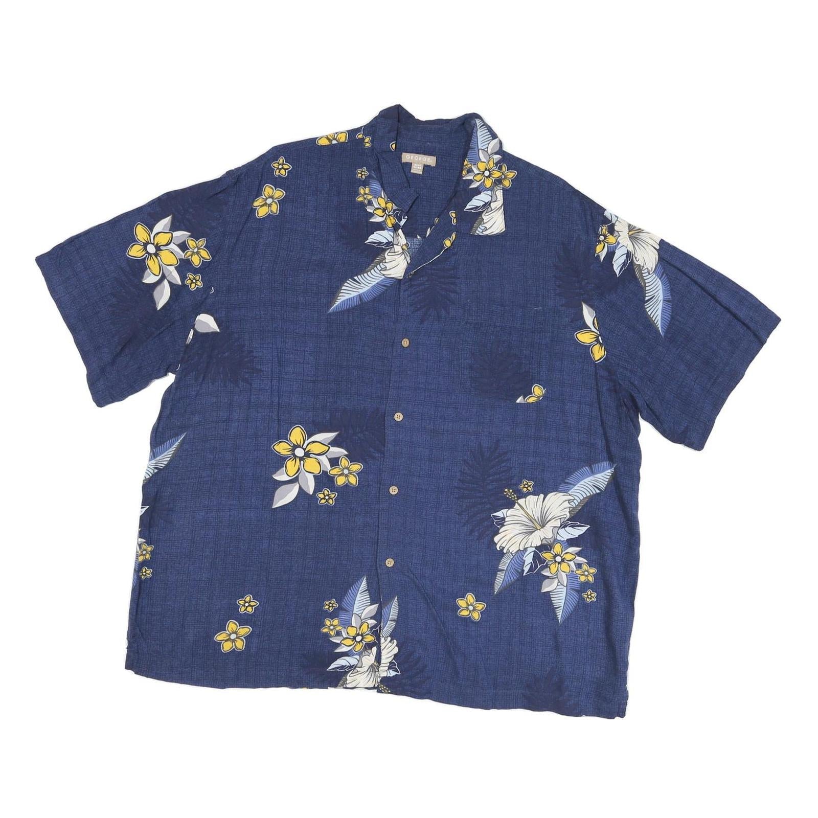 GEORGE Mens Blue & Yellow Floral Hawaiian Shirt XL Cotton Blend Casual Summer Refurbished - N/A refurbished available on Cerqular