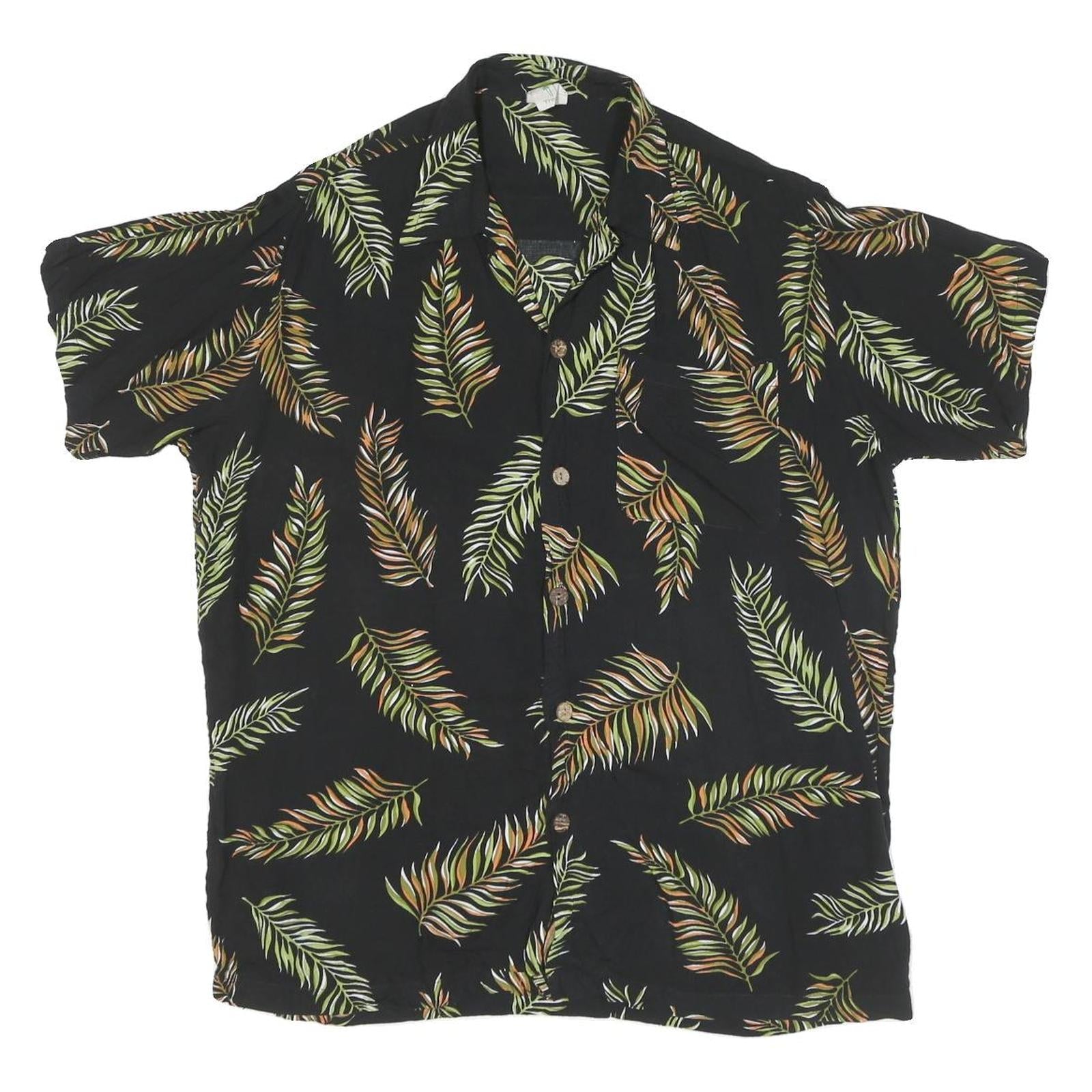Mens Black Cotton Hawaiian Shirt L Leaf Print Summer Casual Beachwear Refurbished - N/A refurbished available on Cerqular
