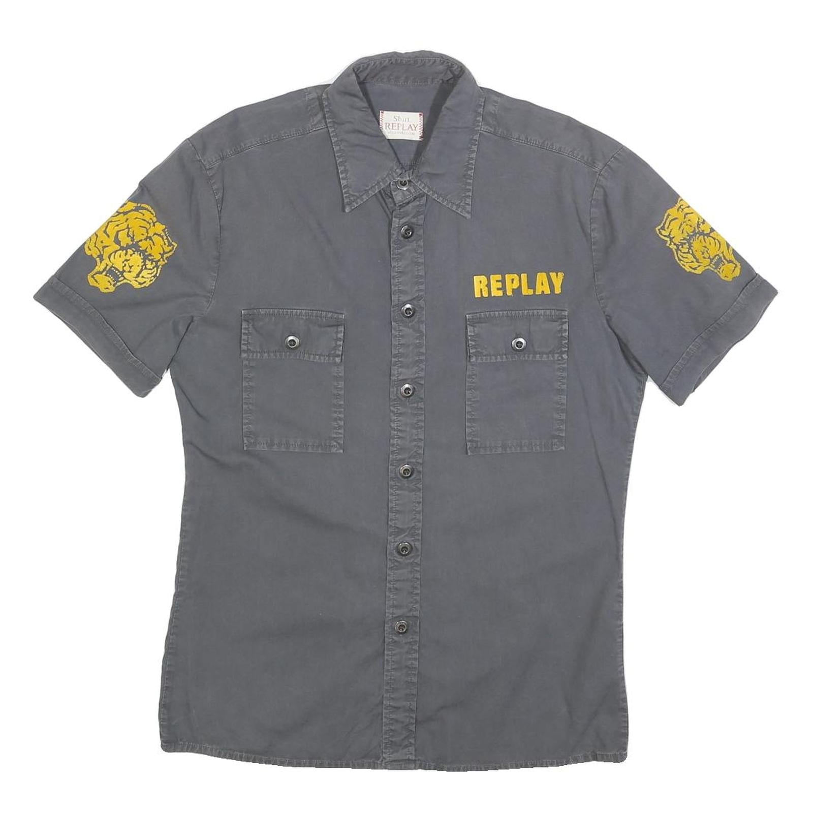 REPLAY Mens Grey & Yellow Tiger Short Sleeve Shirt S Cotton Blend Casual Refurbished - N/A refurbished available on Cerqular