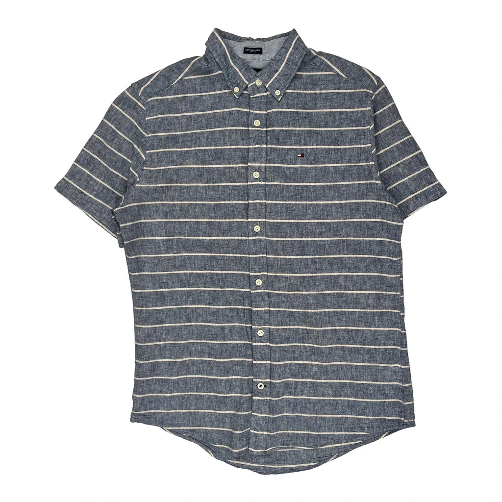 Tommy Hilfiger Striped Short Sleeve Shirt - Small Blue Cotton Refurbished - Thrifted (note: this is a term often used to describe second- refurbished available on Cerqular