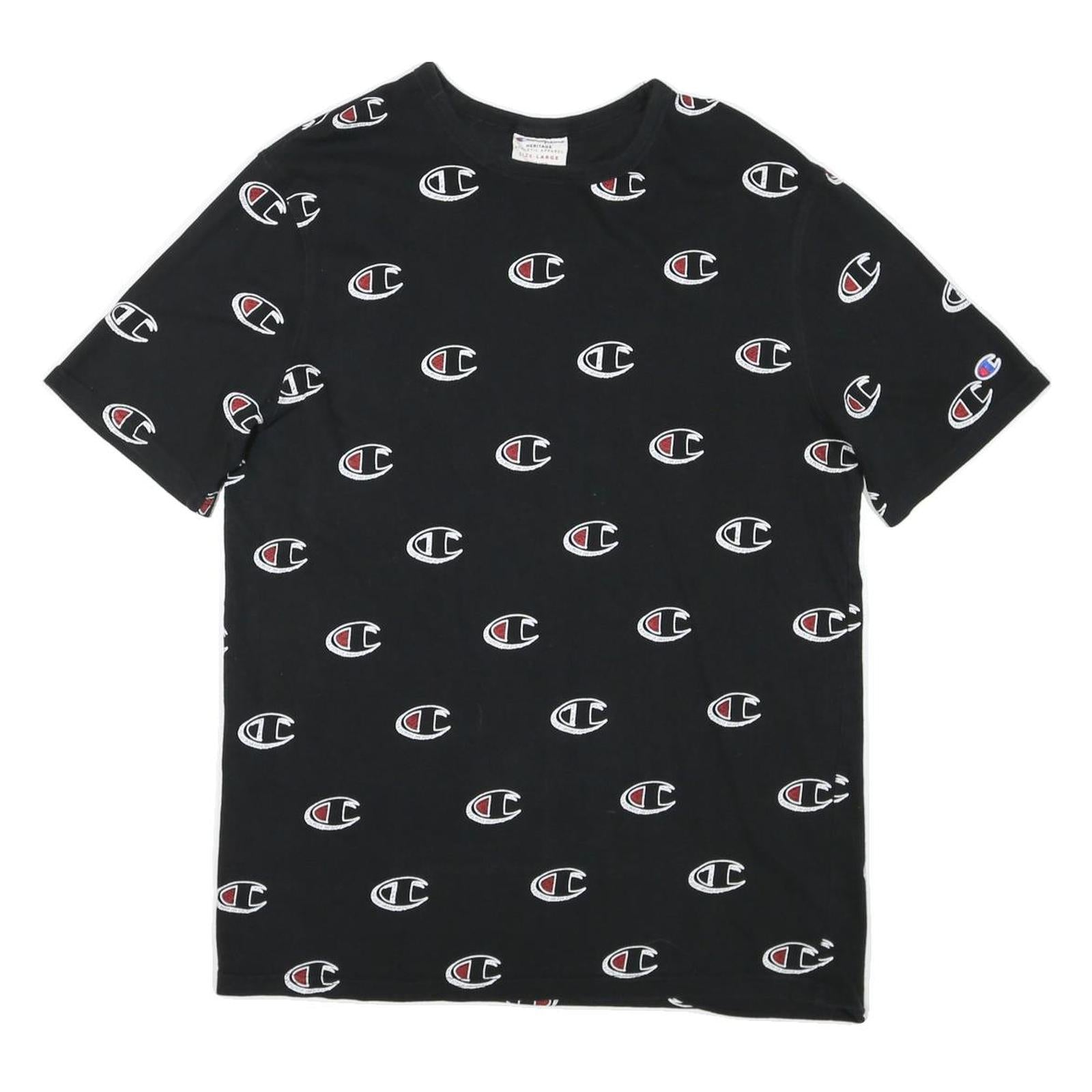 CHAMPION Mens Black All Over Logo Graphic T-Shirt L Short Sleeve Crew Neck Refurbished - N/A refurbished available on Cerqular