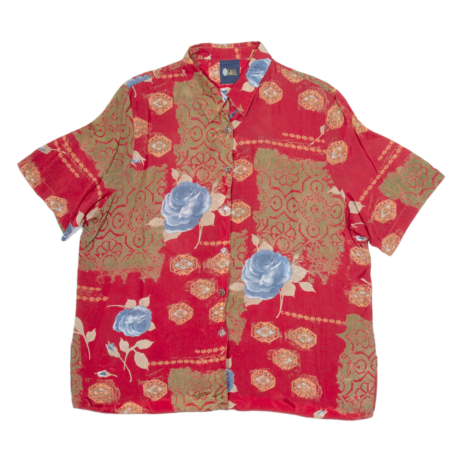 SIXTH SENSE Womens Shirt Red Silk Floral L Refurbished - N/A refurbished available on Cerqular
