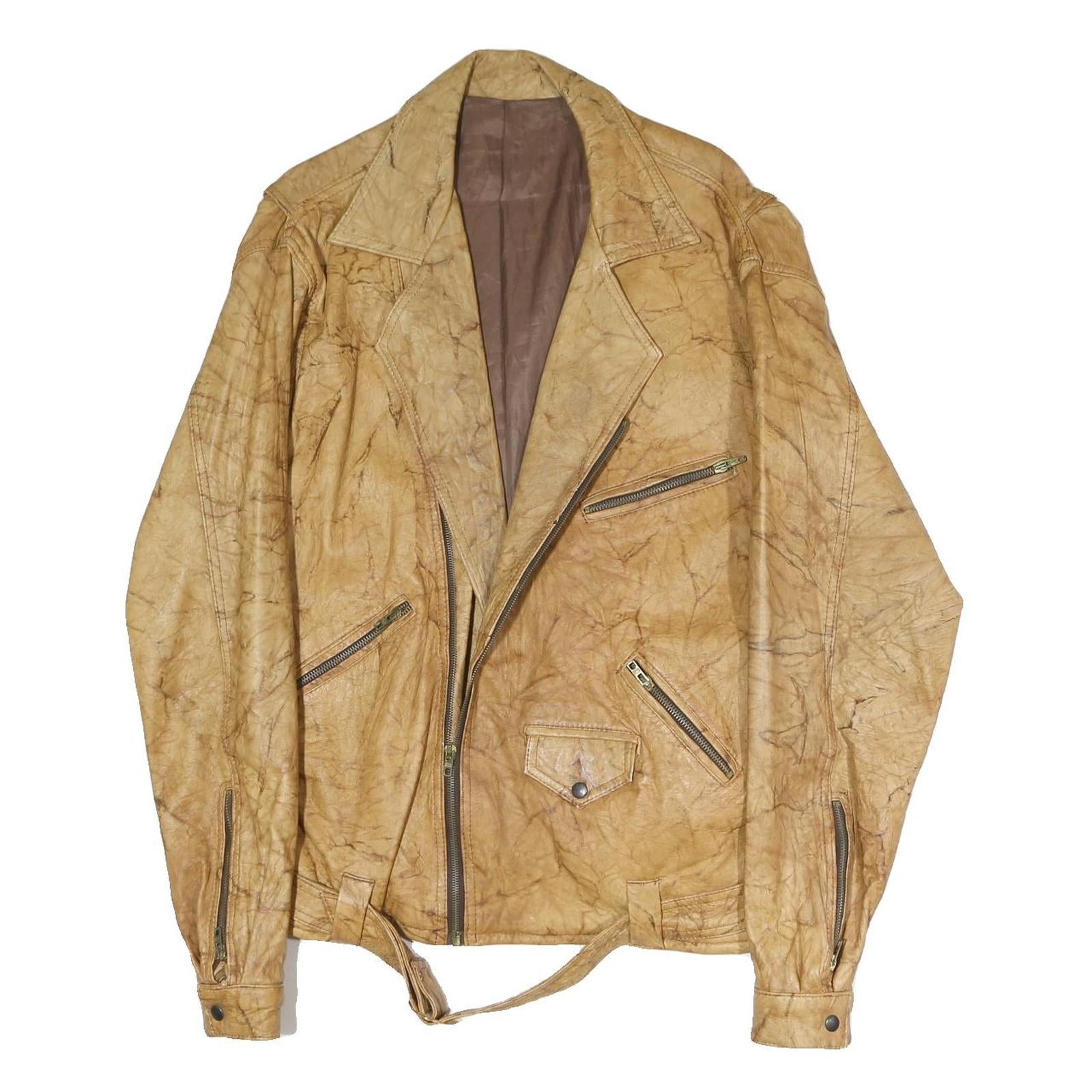 Mens Beige Faux Leather Jacket L Plain Zip Closure Classic Fit Biker Style Refurbished - N/A refurbished available on Cerqular