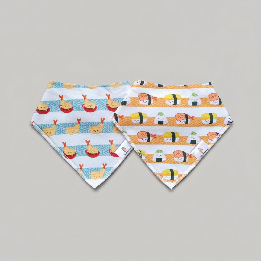 Organic Cotton Bandana Bibs 2pcs Set - Sushi + Tempura | Design: Bunny Candy + Ice Cream Refurbished - The Wee Bean refurbished available on Cerqular