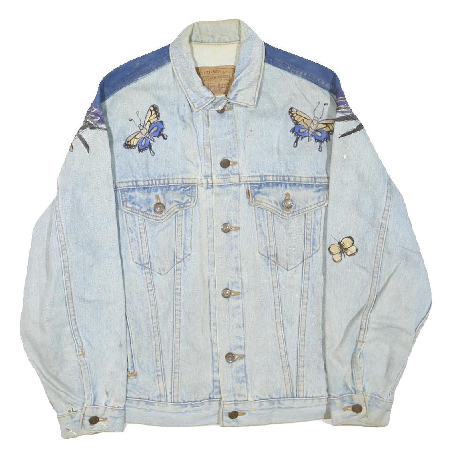 LEVI'S Womens Blue Denim Butterfly Painted Cotton Blend Jacket L Button Closure Refurbished - N/A refurbished available on Cerqular