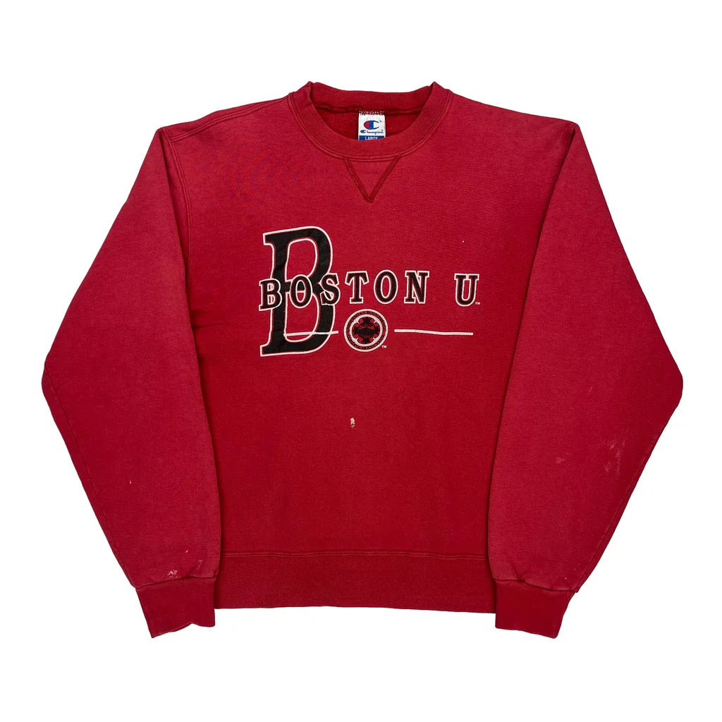 Boston U. Champion College Sweatshirt - Large Red Cotton Refurbished - Thrifted (note: this is a term often used to describe second- refurbished available on Cerqular