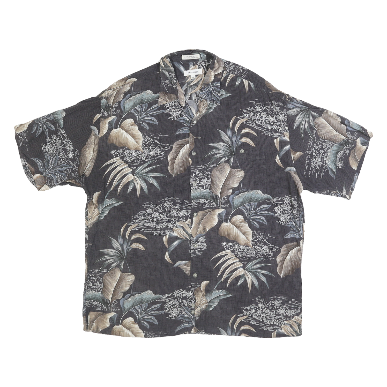 PIERRE CARDIN Mens Black & Taupe Hawaiian Shirt XL Rayon Tropical Print Casual Refurbished - N/A refurbished available on Cerqular