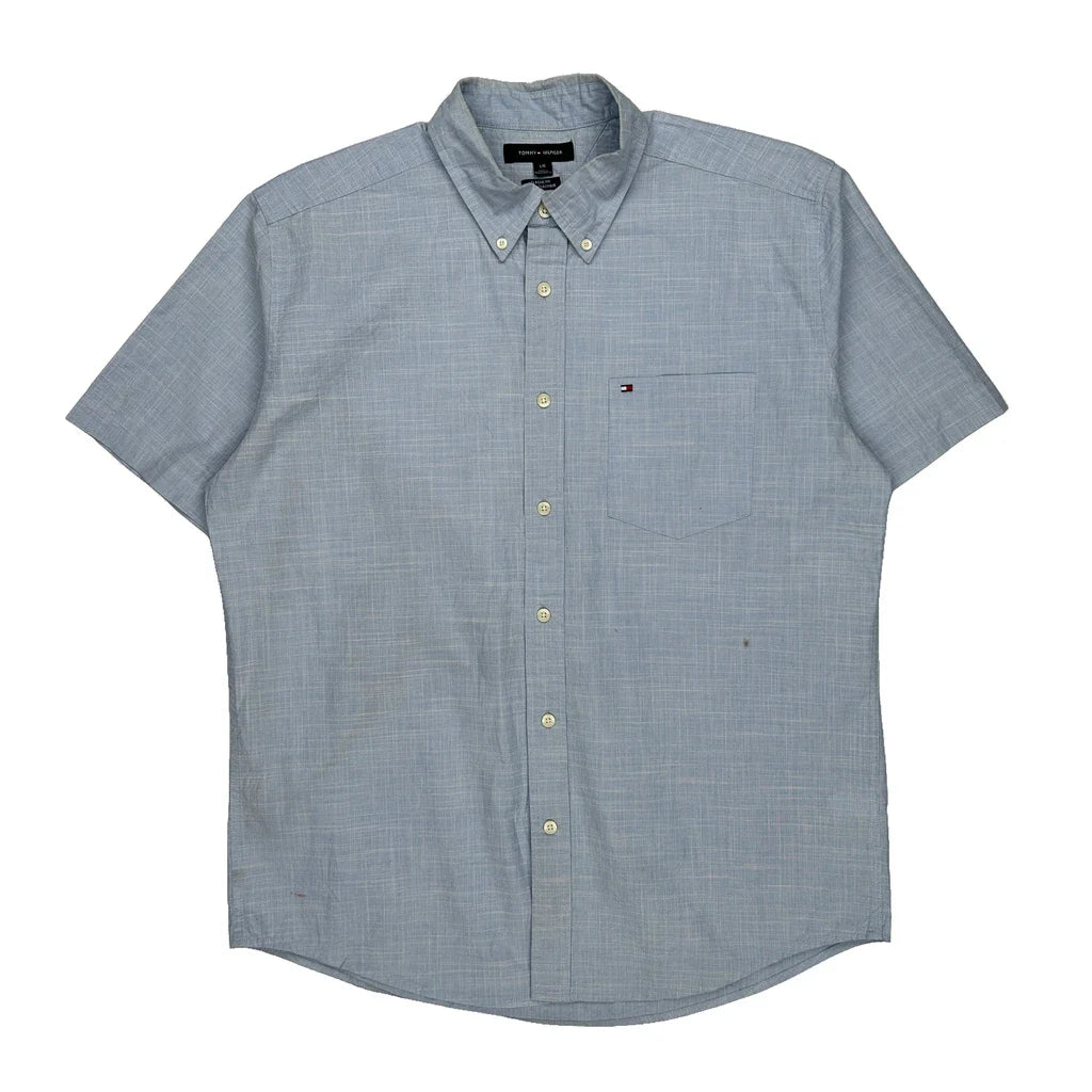 Tommy Hilfiger Short Sleeve Shirt - Large Blue Cotton Refurbished - Thrifted (note: this is a term often used to describe second- refurbished available on Cerqular