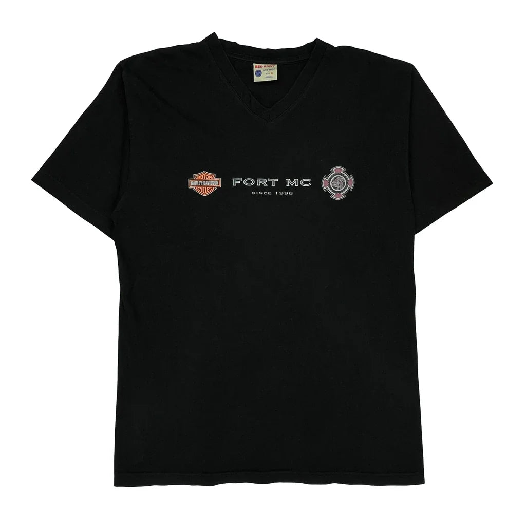 Fort Mc Harley Davidson T-Shirt - XL Black Cotton Refurbished - Thrifted (note: this is a term often used to describe second- refurbished available on Cerqular