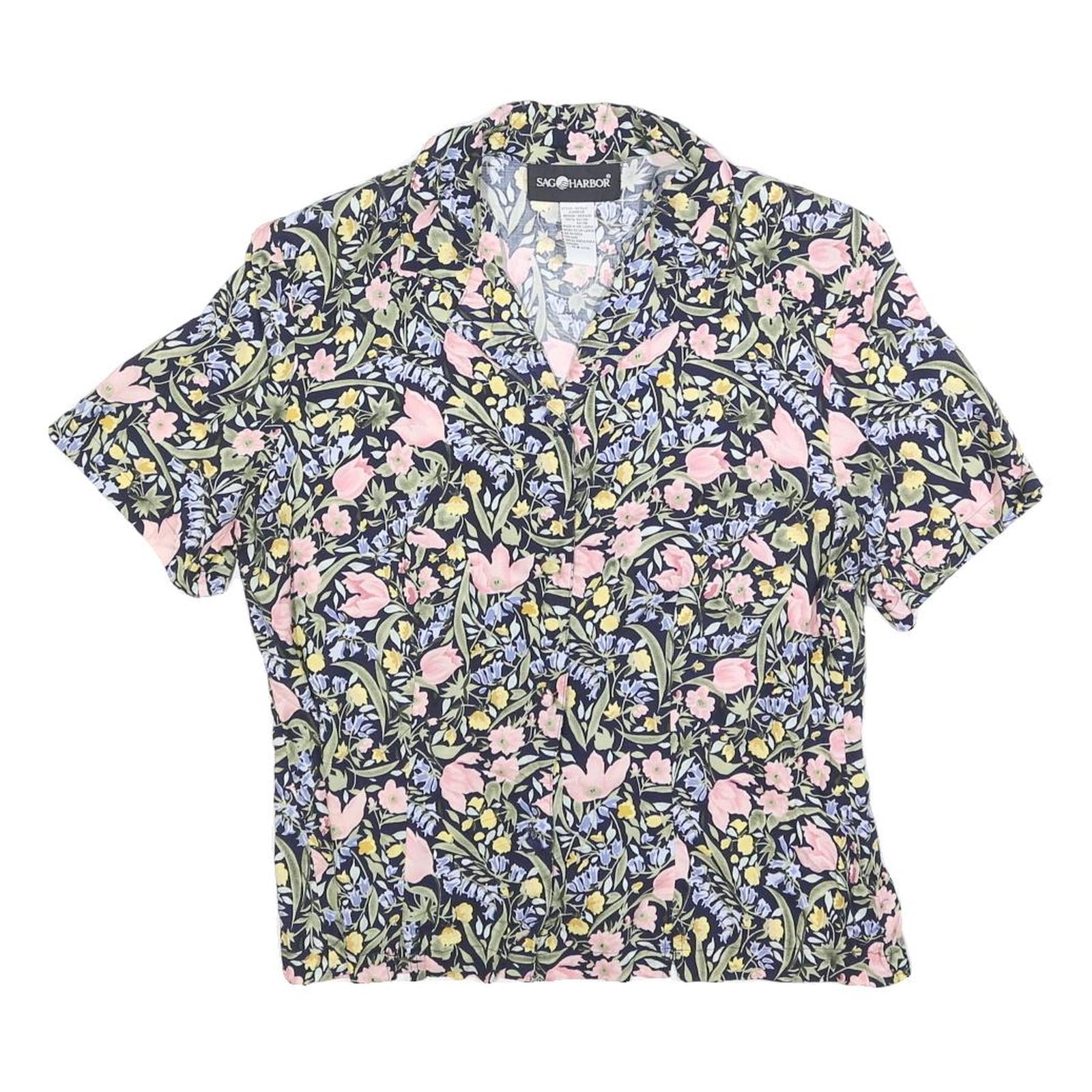 SAG HARBOR Womens Blue & Pink Floral Shirt Short Sleeve Button Neck M Cotton Refurbished - N/A refurbished available on Cerqular