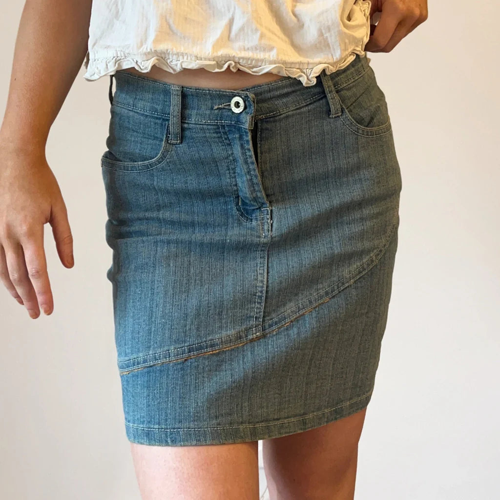 Eurguilio Mini Denim Skirt - 27W UK 8 Blue Cotton Refurbished - Thrifted (note: this is a term often used to describe second- refurbished available on Cerqular