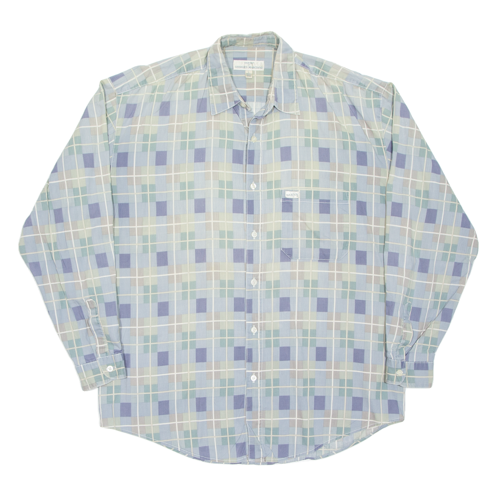 GUESS Mens Shirt Blue Check Long Sleeve L Refurbished - N/A refurbished available on Cerqular