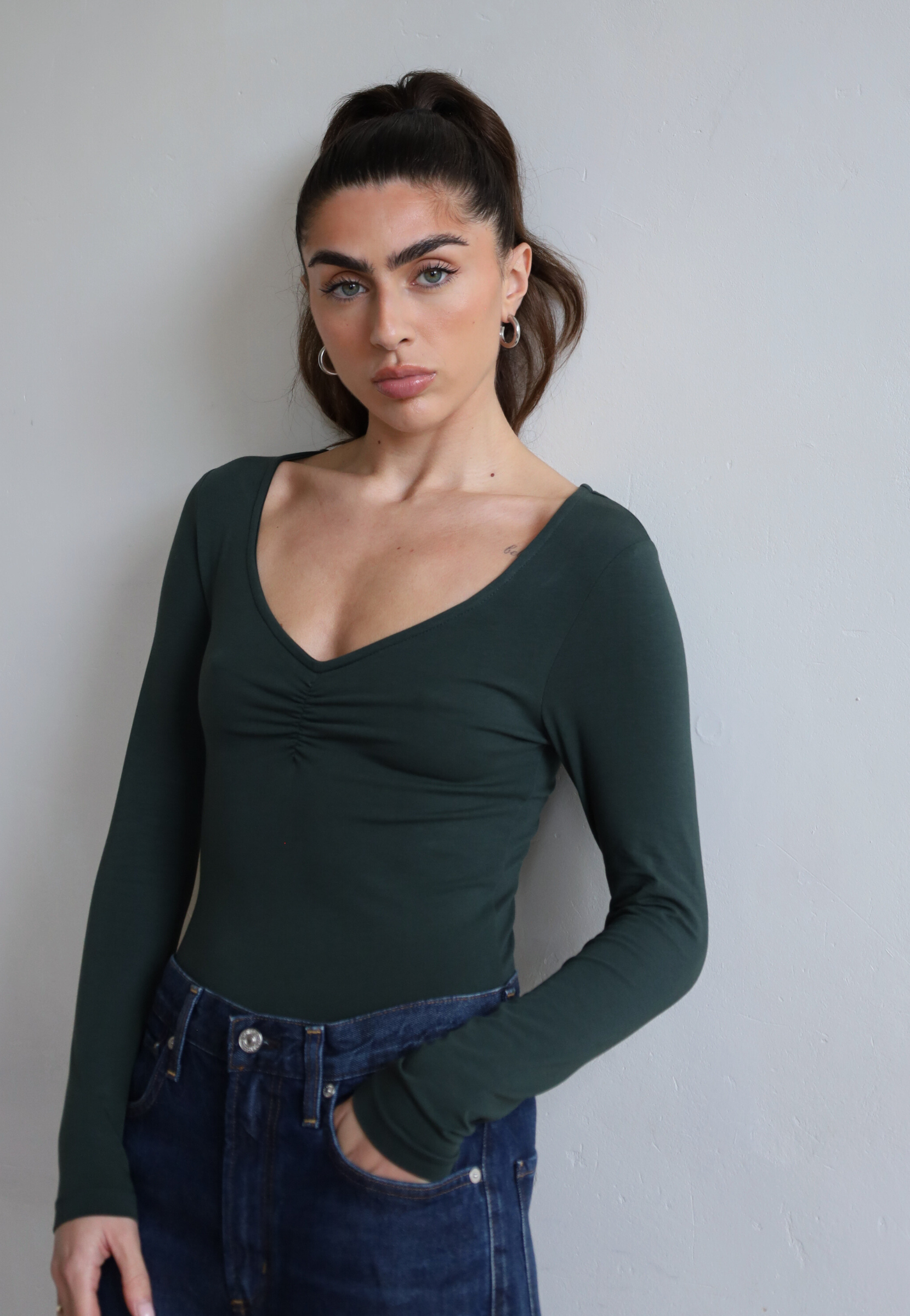 Organic Cotton Long Sleeve Sweetheart Bodysuit, Forest Green | Size: XS Refurbished - N/A (Note: It's possible that "Pantee" refurbished available on Cerqular