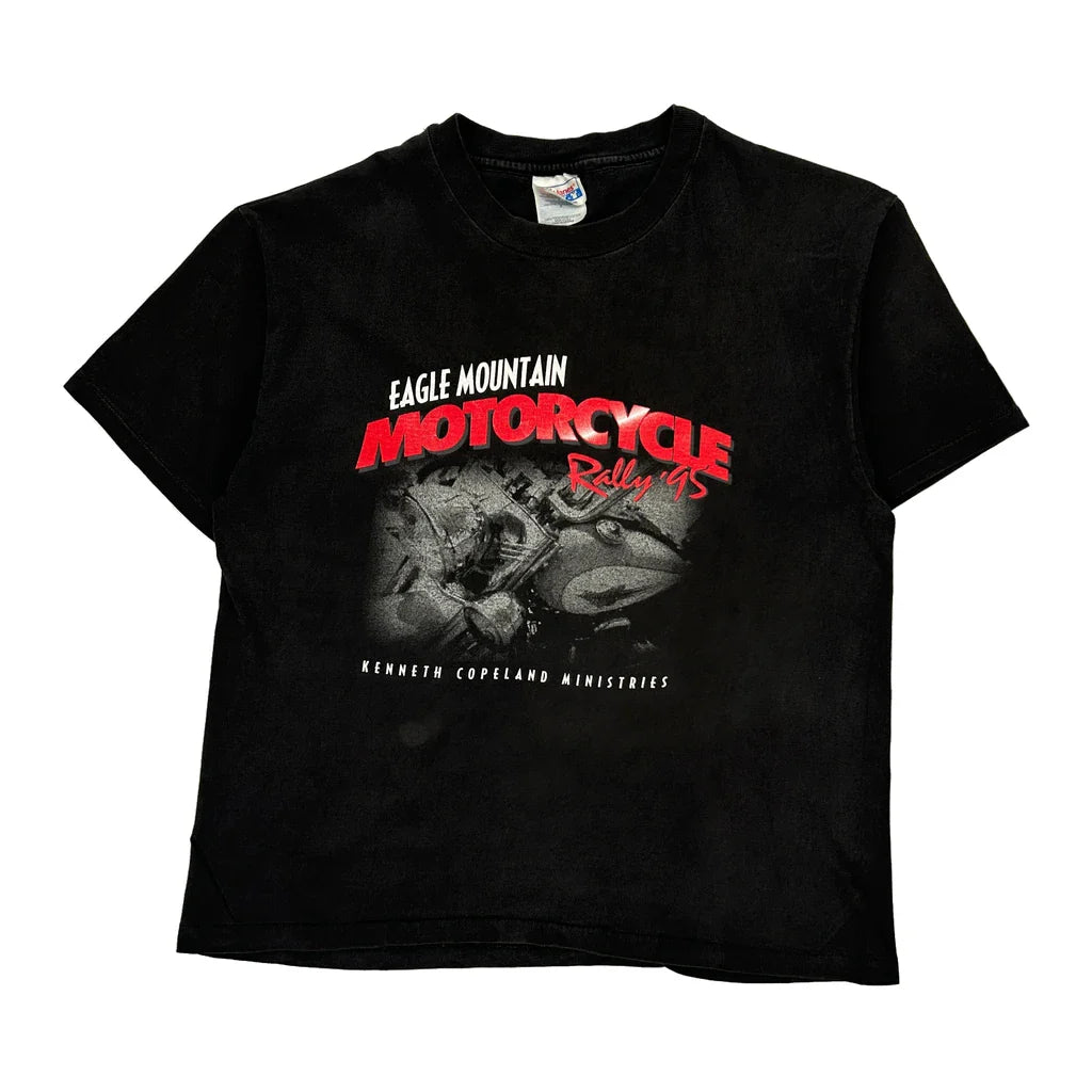Eagle Mountain Motorcycle Rally '95 Hanes Single Stitch T-Shirt - Large Black Cotton Refurbished - Thrifted (note: this is a term often used to describe second- refurbished available on Cerqular