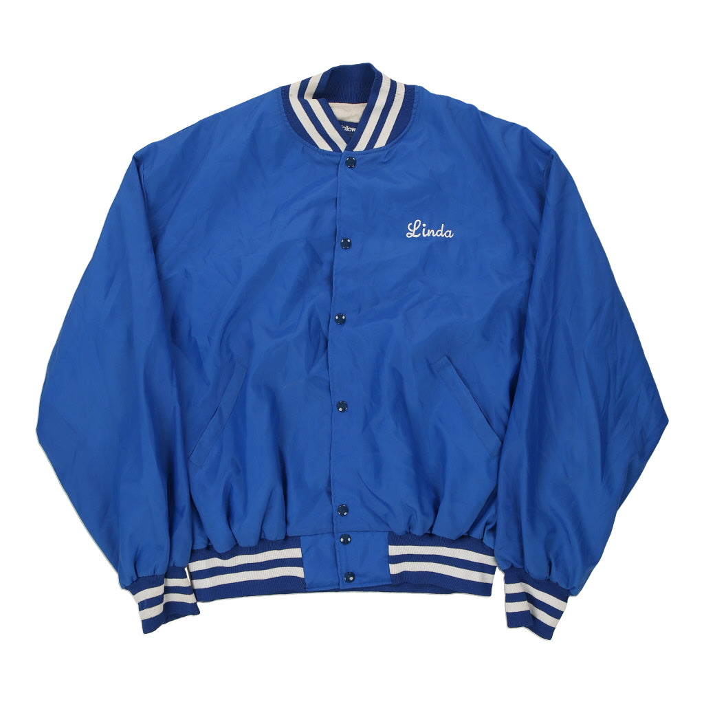 Made in  USA Linda Holloway Varsity Jacket - 3XL Blue Nylon Blend | Size: xxx-large Refurbished - Thrifted (note: this is a term often used to describe second- refurbished available on Cerqular