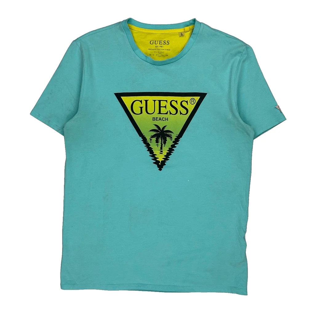 Guess Graphic T-Shirt - Large Blue Cotton Refurbished - Thrifted (note: this is a term often used to describe second- refurbished available on Cerqular