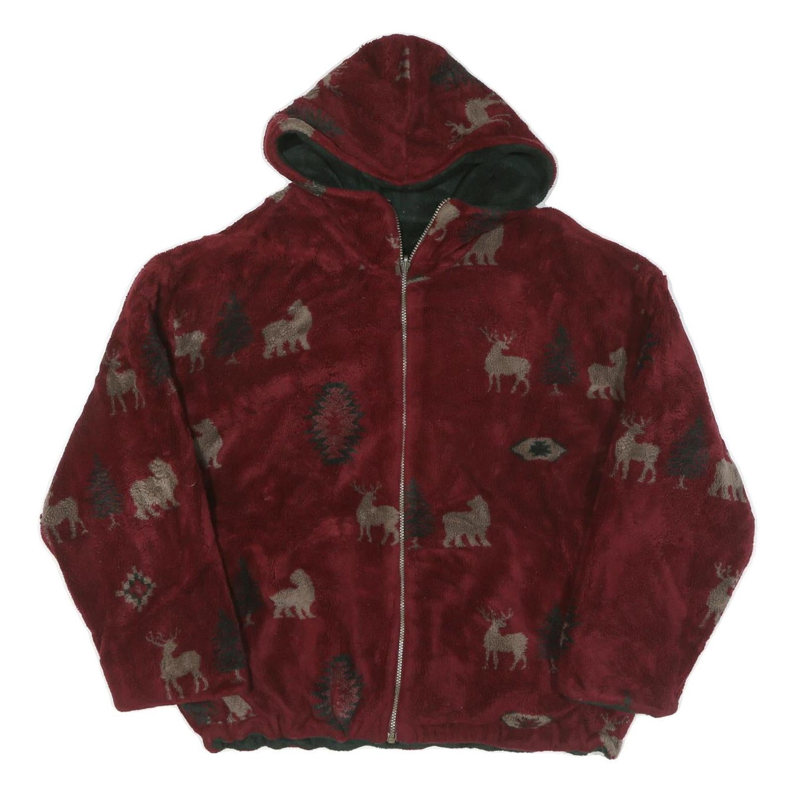 Womens Burgundy Animal Print Zip Hooded Jacket XL Polyester Blend Casual Cold Refurbished - N/A refurbished available on Cerqular