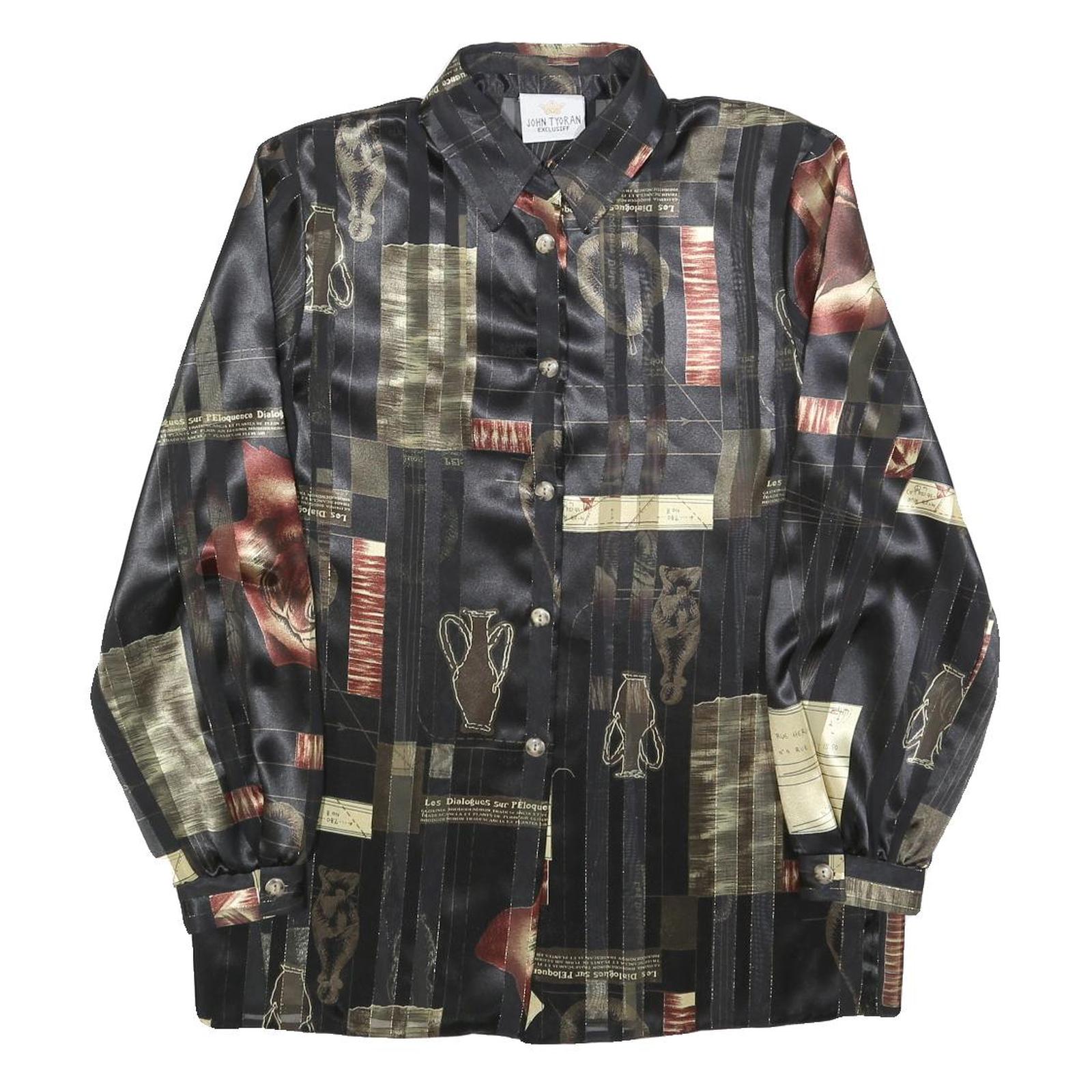 JOHN TYORAN Womens Black & Brown Patterned Shirt L Satin Lightweight Long Sleeve Refurbished - N/A refurbished available on Cerqular