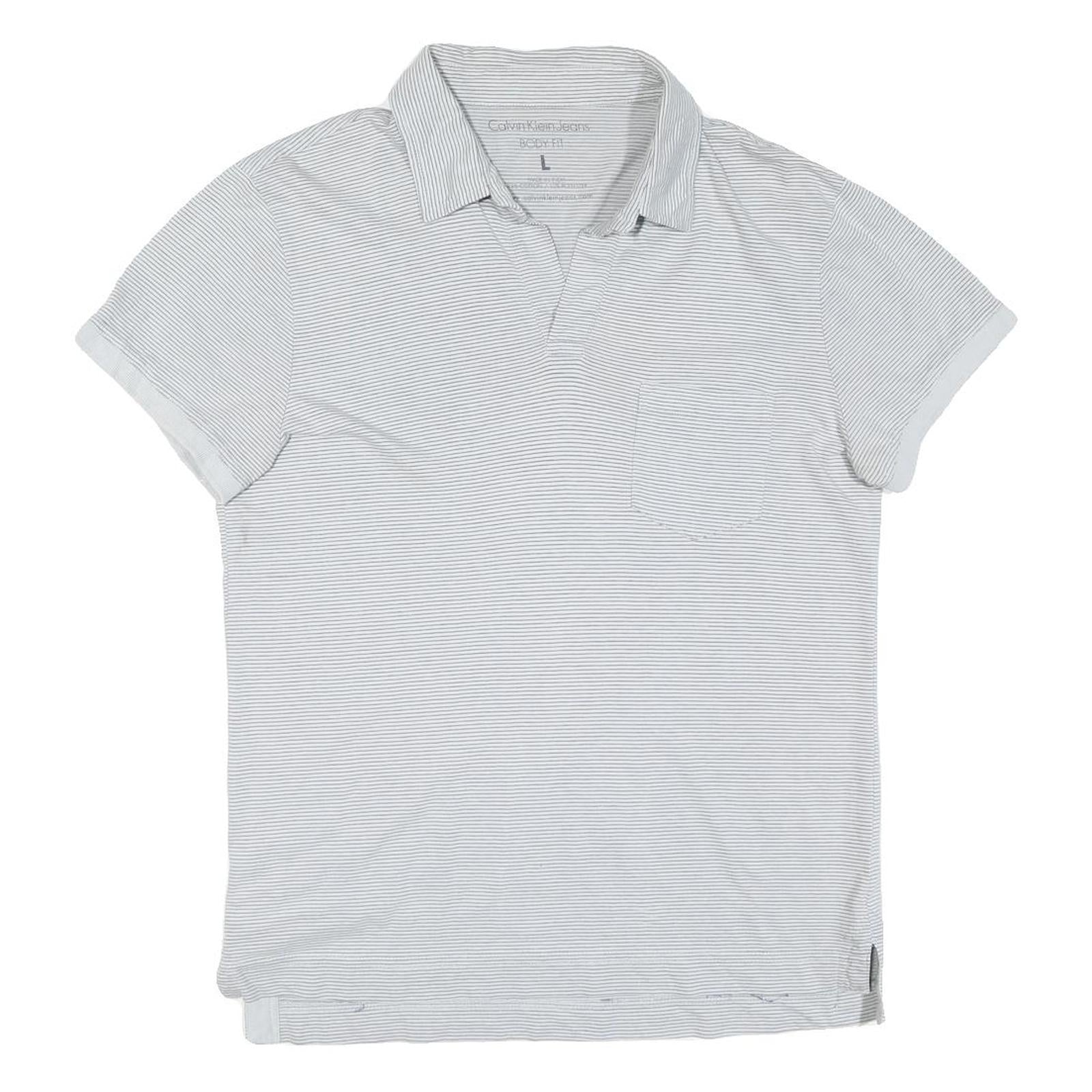 CALVIN KLEIN JEANS Mens White & Grey Stripe Short Sleeve Polo Shirt L Cotton Refurbished - N/A refurbished available on Cerqular