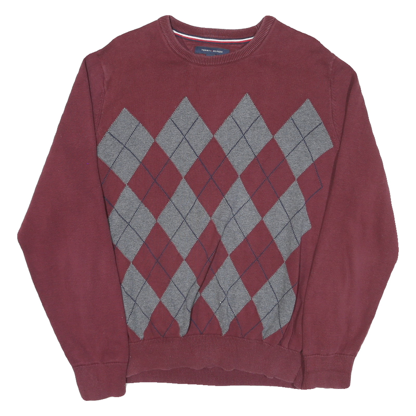 TOMMY HILFIGER Mens Maroon & Grey Patterned Jumper Crew Neck Basic Knit L Cotton Refurbished - N/A refurbished available on Cerqular