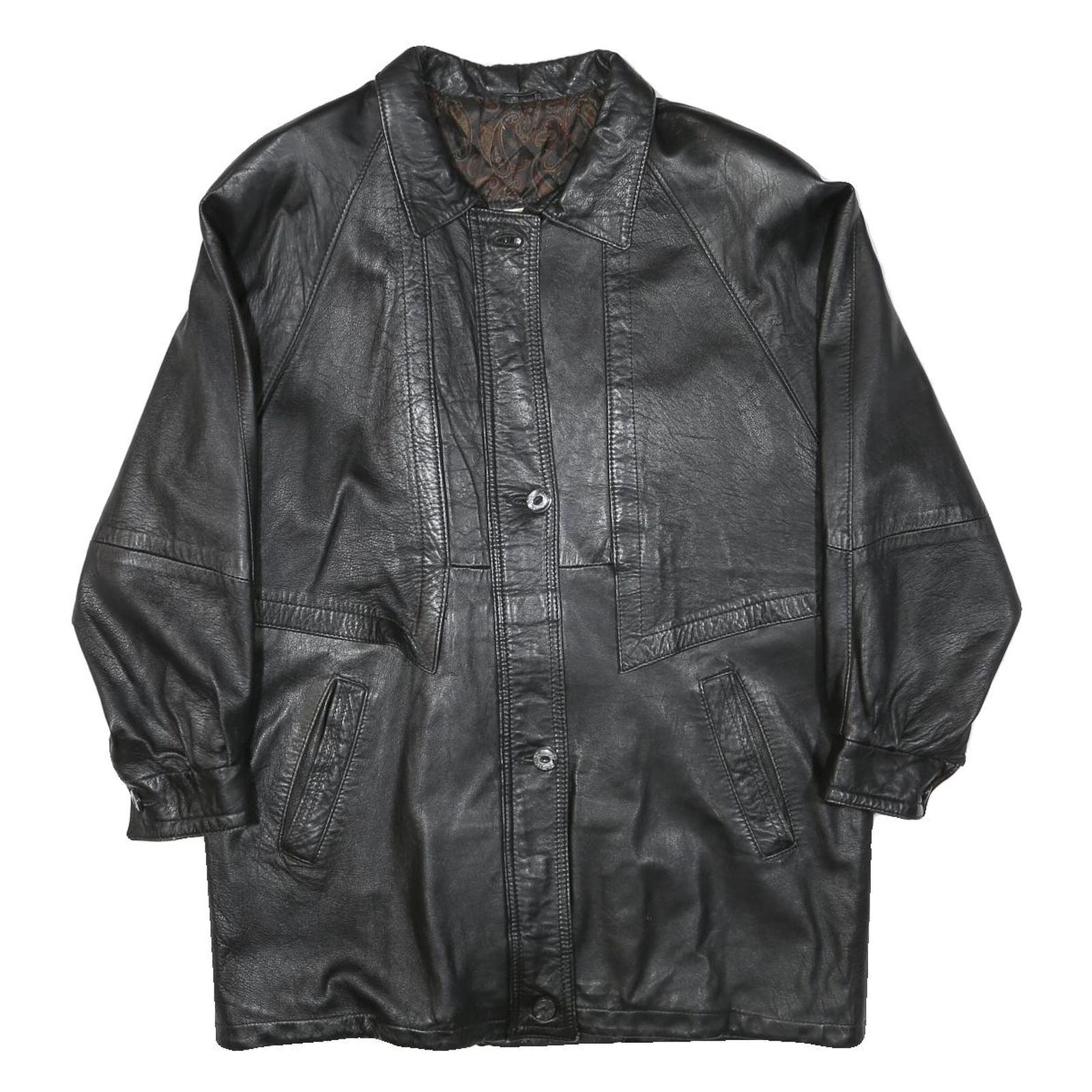 JAMA Womens Black Leather Button Jacket L Woven Minimalist Classic Fashion Refurbished - N/A refurbished available on Cerqular