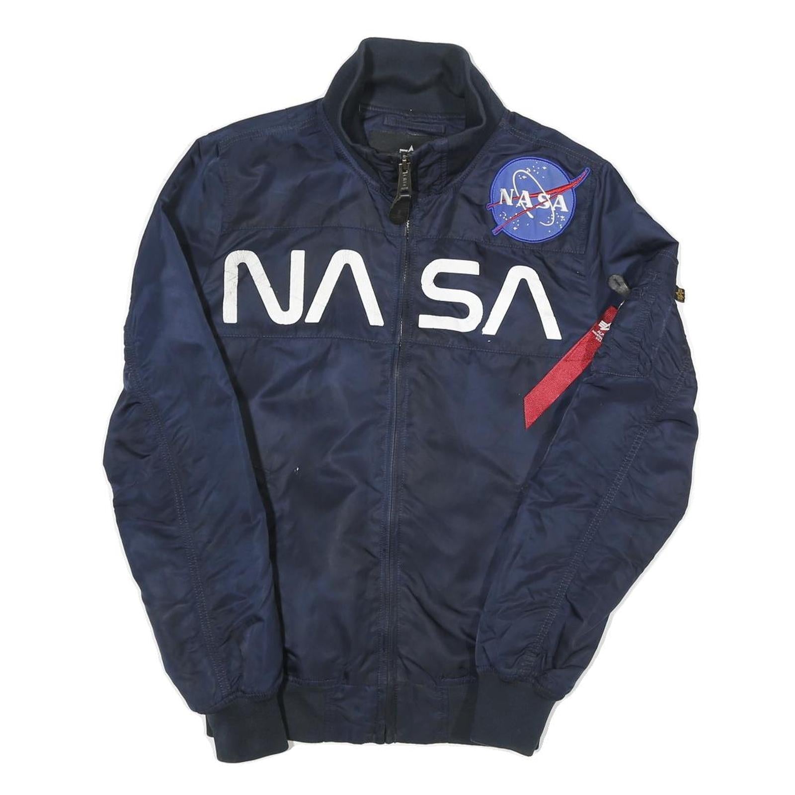 ALPHA INDUSTRIES Mens Navy Blue Flight Jacket S Polyester NASA Print Zip Bomber Refurbished - N/A refurbished available on Cerqular