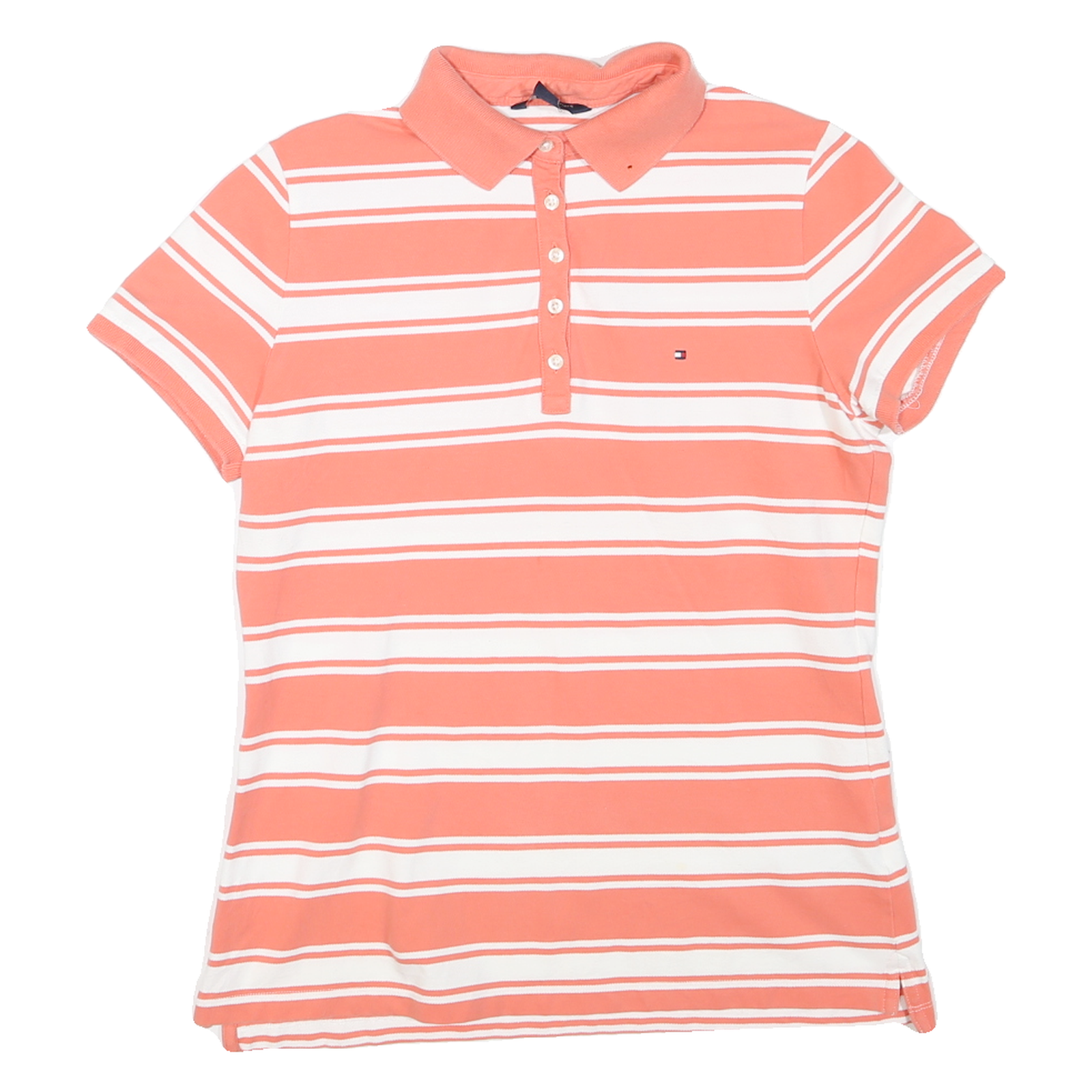 TOMMY HILFIGER Womens Coral & White Stripe Short Sleeve Polo Shirt L Casual Refurbished - N/A refurbished available on Cerqular