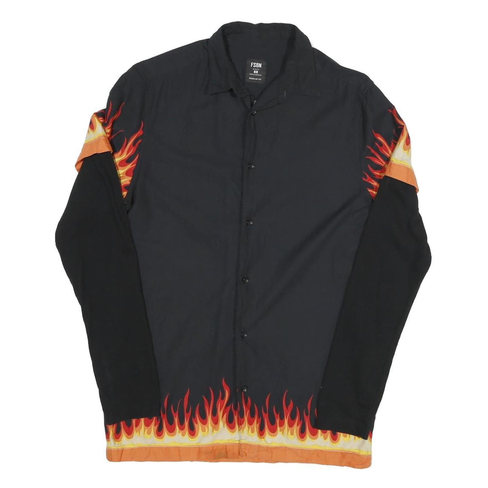 FSBN Mens Black & Orange Flame Print Shirt S Cotton Blend Unique Design Refurbished - N/A refurbished available on Cerqular