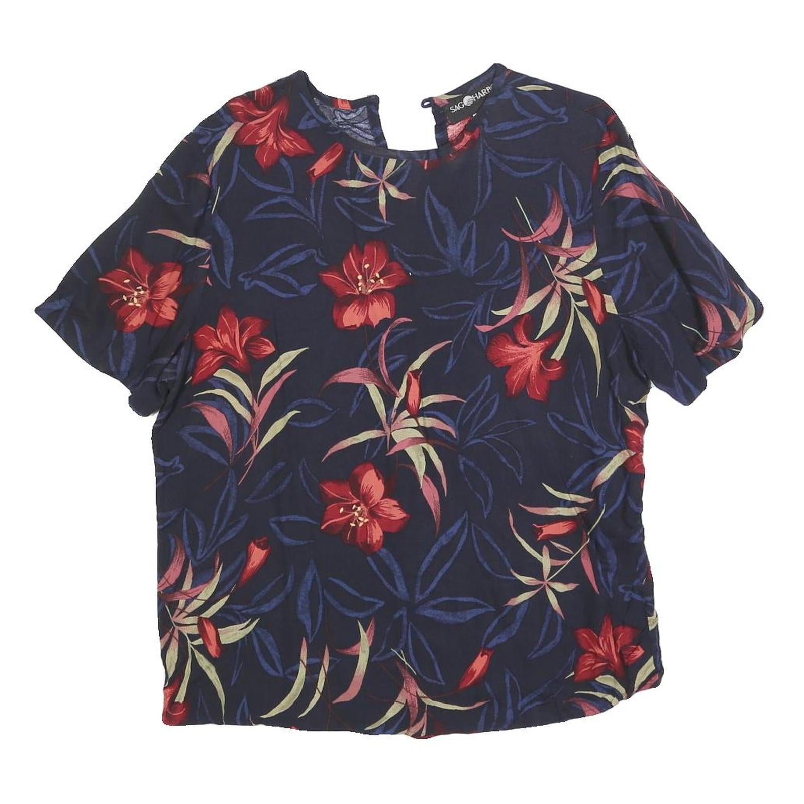 SAH HARBOR Womens Navy Blue & Red Floral Printed Basic Top Short Sleeve Round Refurbished - N/A refurbished available on Cerqular