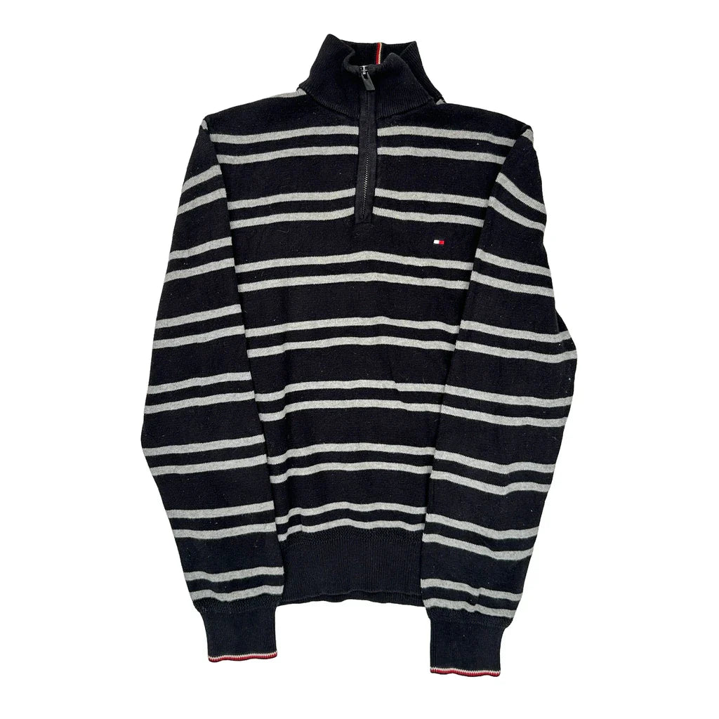 Tommy Hilfiger Striped 1/4 Zip - XS Grey Cotton Refurbished - Thrifted (note: this is a term often used to describe second- refurbished available on Cerqular