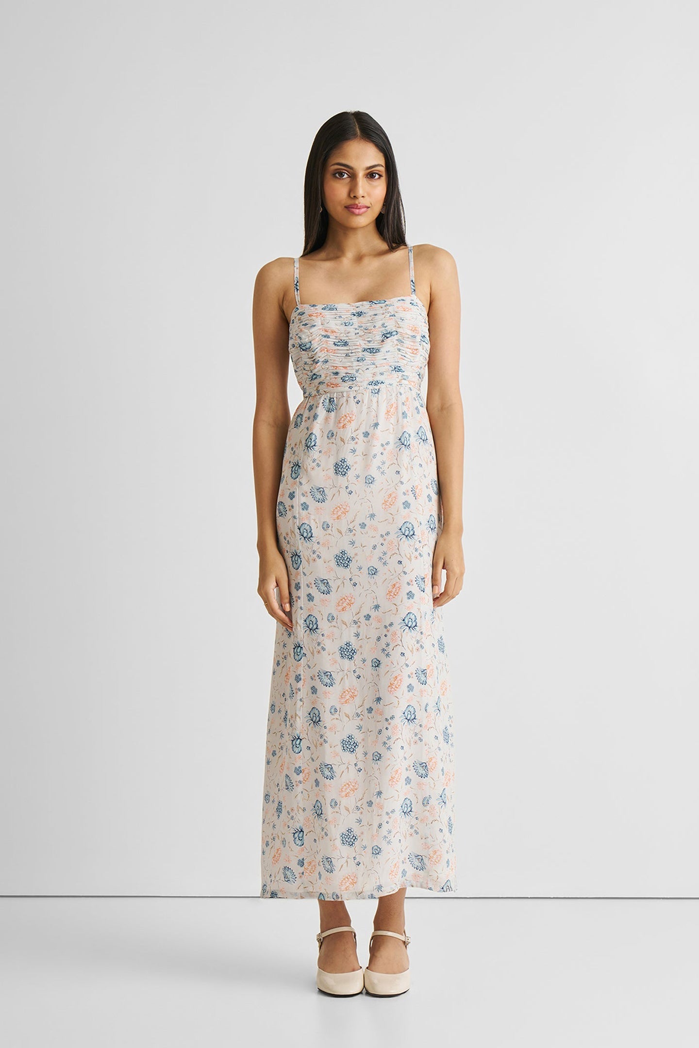 Ruched Floral Strappy Maxi Dress | Color: Azalea Allure | Size: S Refurbished - Resistor (Note: This is a generic term for an electronic component, refurbished available on Cerqular