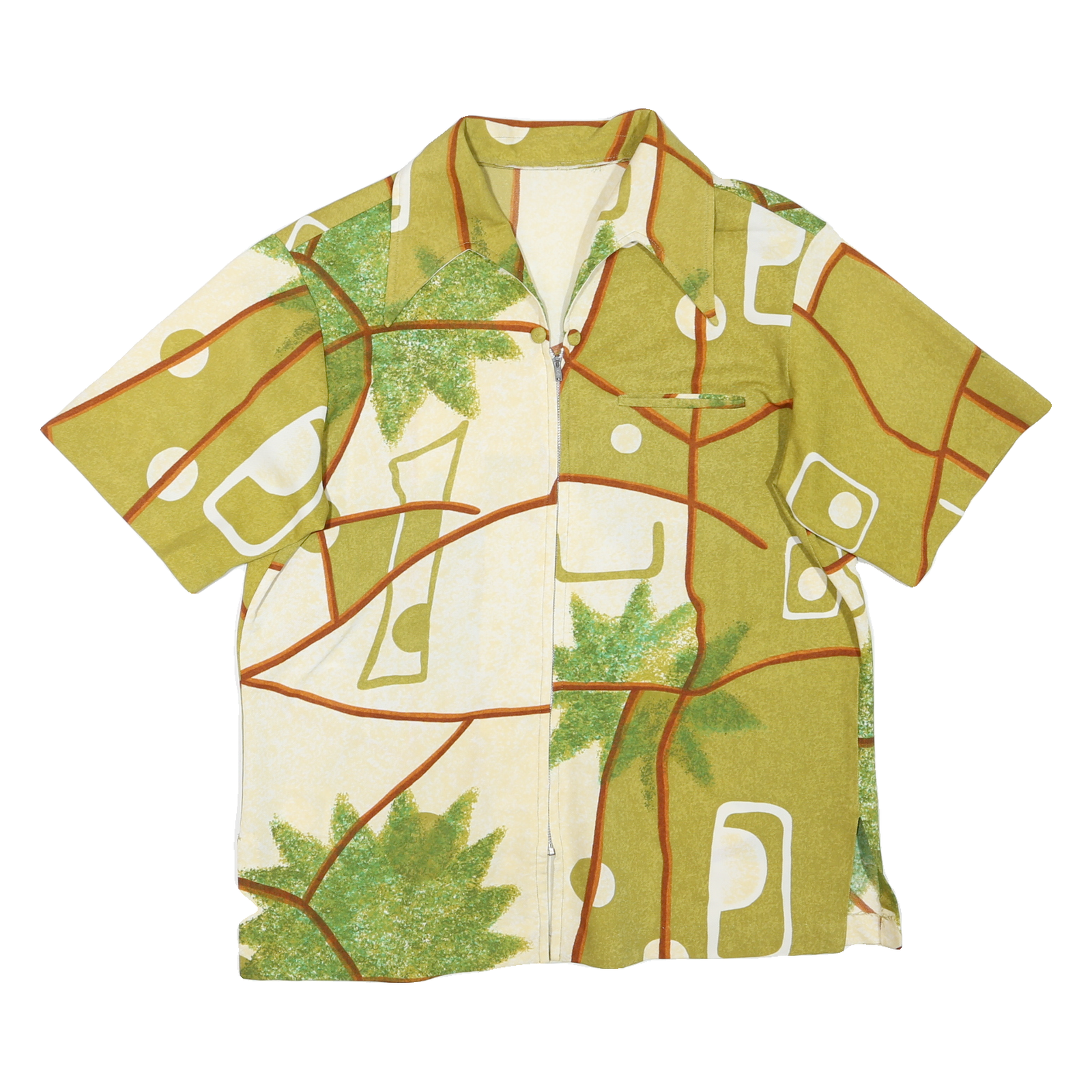 Mens Green & Cream Abstract Pattern Polyester Blend Shirt L Zip Front Casual Refurbished - N/A refurbished available on Cerqular