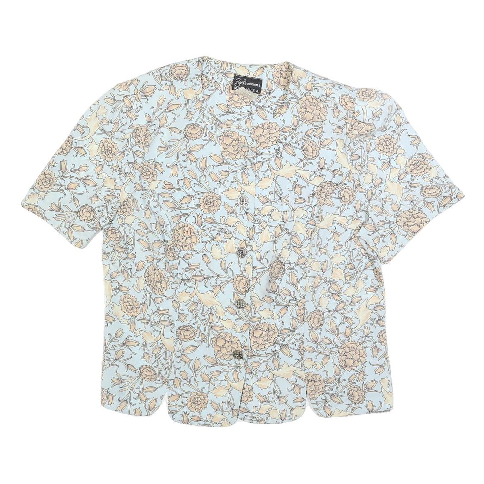 BRELI Womens Blue Cream Floral Printed Shirt Short Sleeve Button Neck L Refurbished - N/A refurbished available on Cerqular