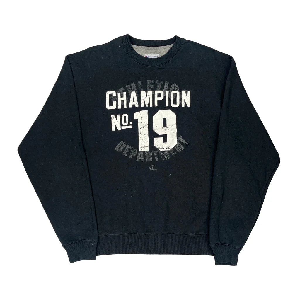 Champion Graphic Sweatshirt - Large Black Cotton Refurbished - Thrifted (note: this is a term often used to describe second- refurbished available on Cerqular
