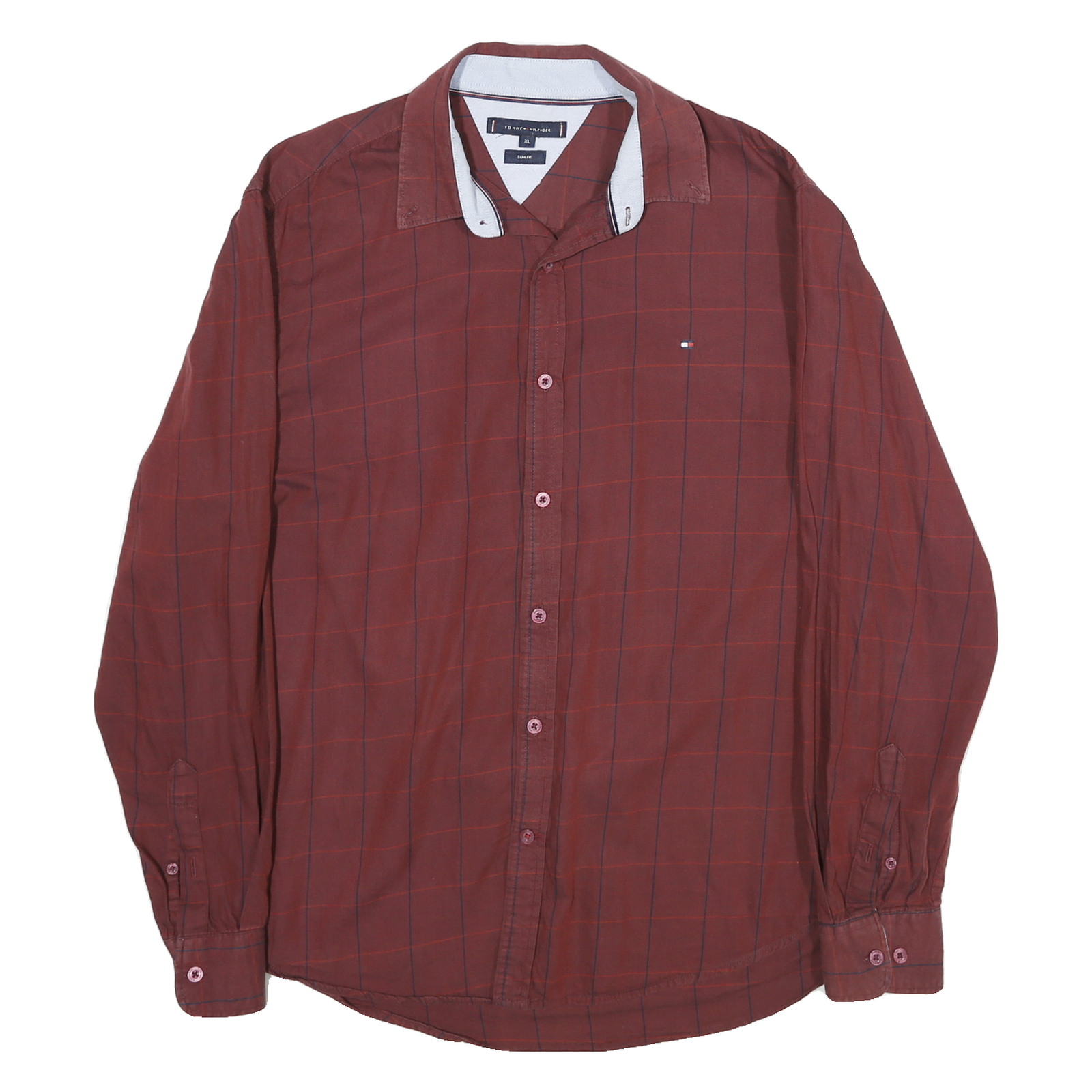 TOMMY HILFIGER Mens Maroon & Red Check Shirt XL Classic Cotton Blend Casual Refurbished - N/A refurbished available on Cerqular