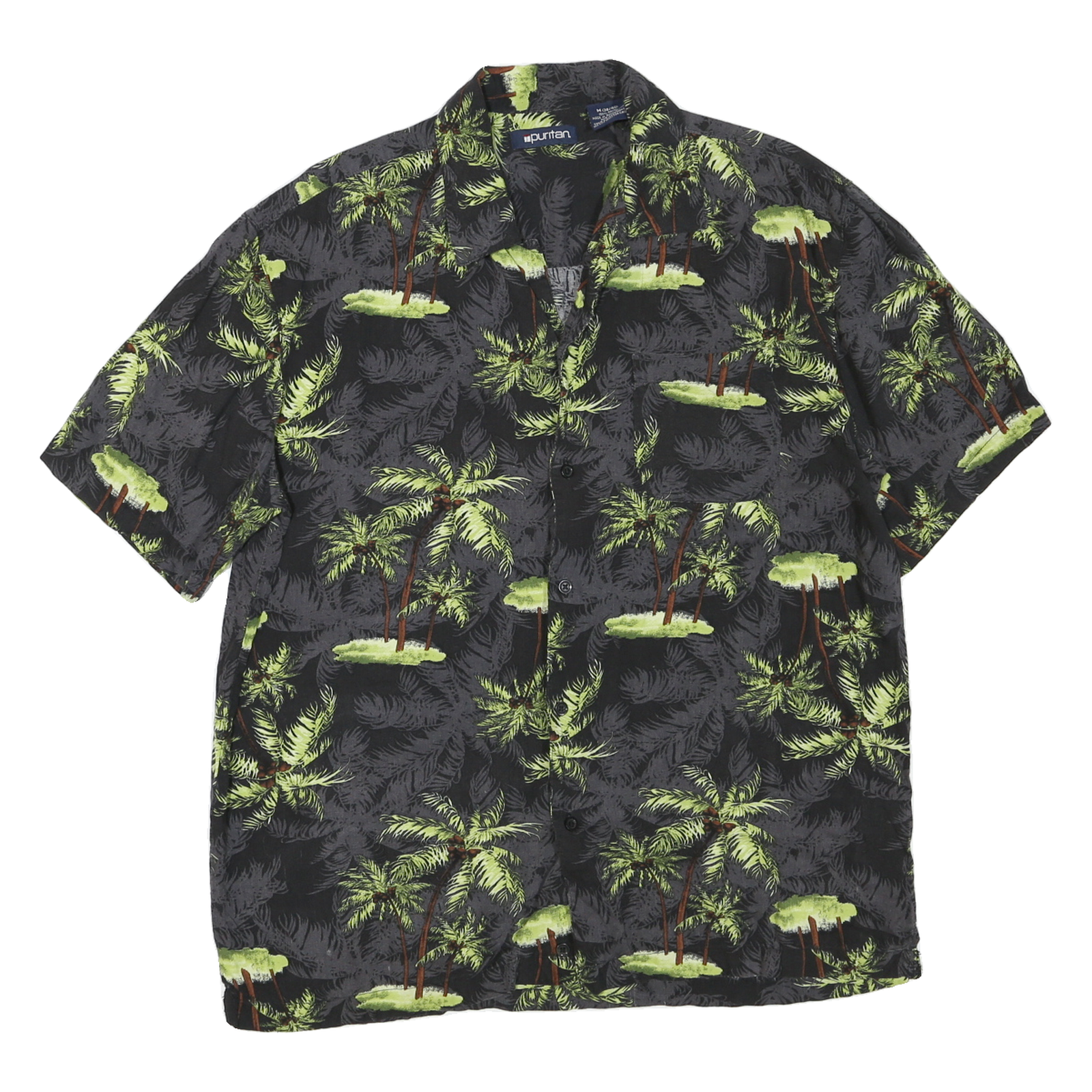 PURITAN Mens Black & Green Palm Tree Print Cotton Blend Shirt M Summer Casual Refurbished - N/A refurbished available on Cerqular