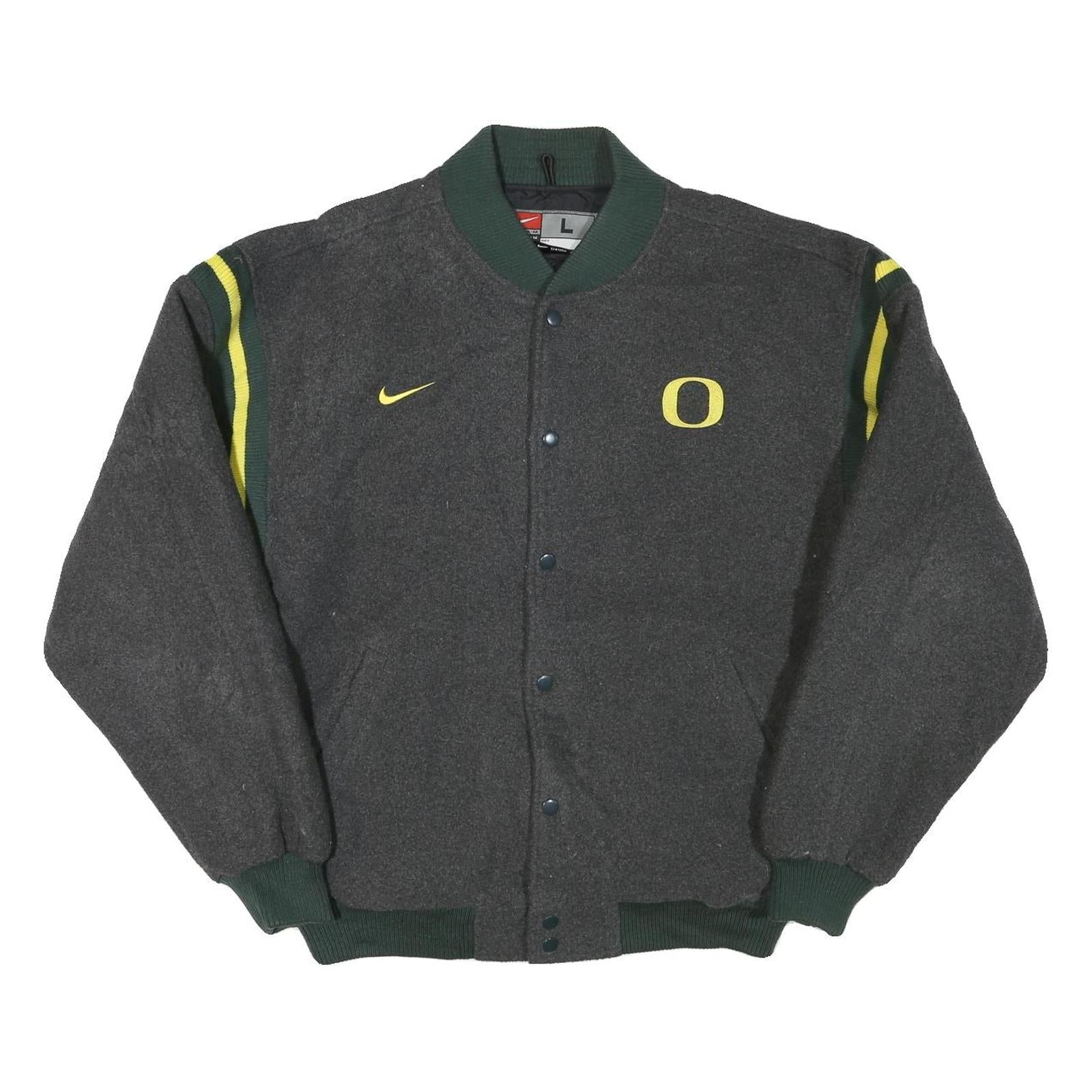 NIKE Mens Grey & Green Oregon Varsity Jacket L Polyester Blend Button Closure Refurbished - N/A refurbished available on Cerqular
