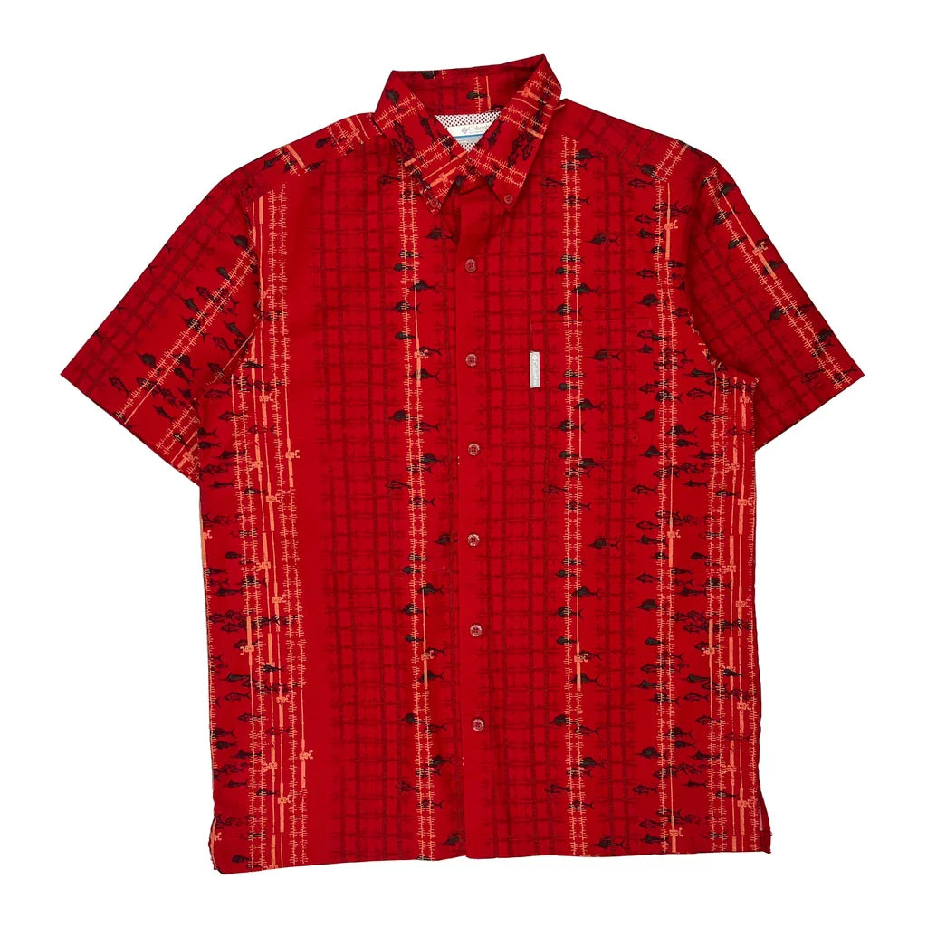 Fishing Columbia Hawaiian Shirt - Small Red Cotton Refurbished - Thrifted (note: this is a term often used to describe second- refurbished available on Cerqular