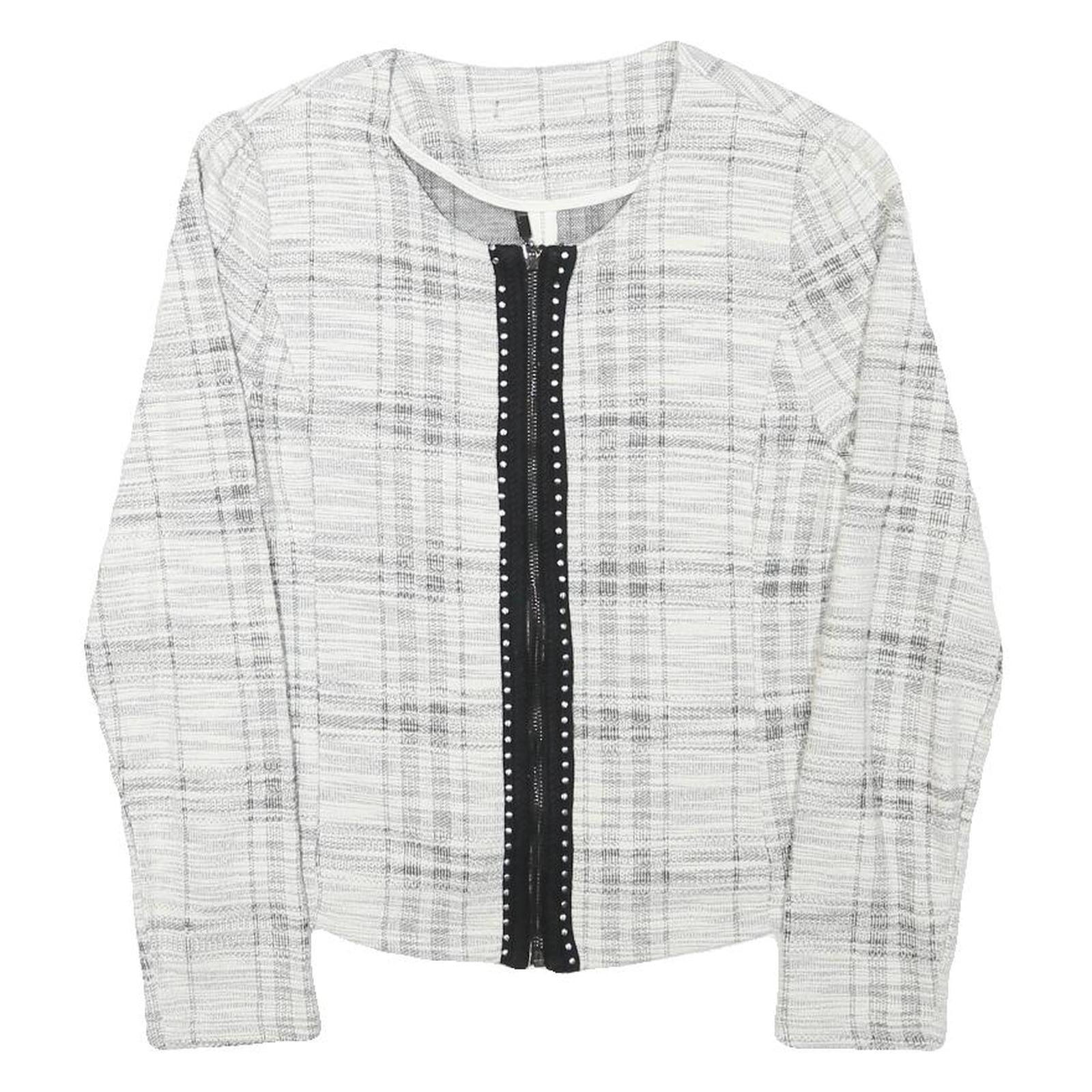 Womens White & Grey Check Cotton Blend Jacket S Woven Zip Closure Stylish Refurbished - N/A refurbished available on Cerqular