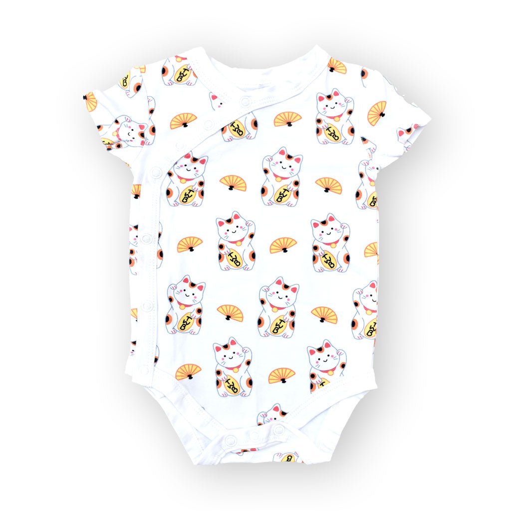 Organic Cotton Baby Onesie - Fortune Lucky Cat Maneki Neko | Size: 0 - 3M Refurbished - The Wee Bean refurbished available on Cerqular