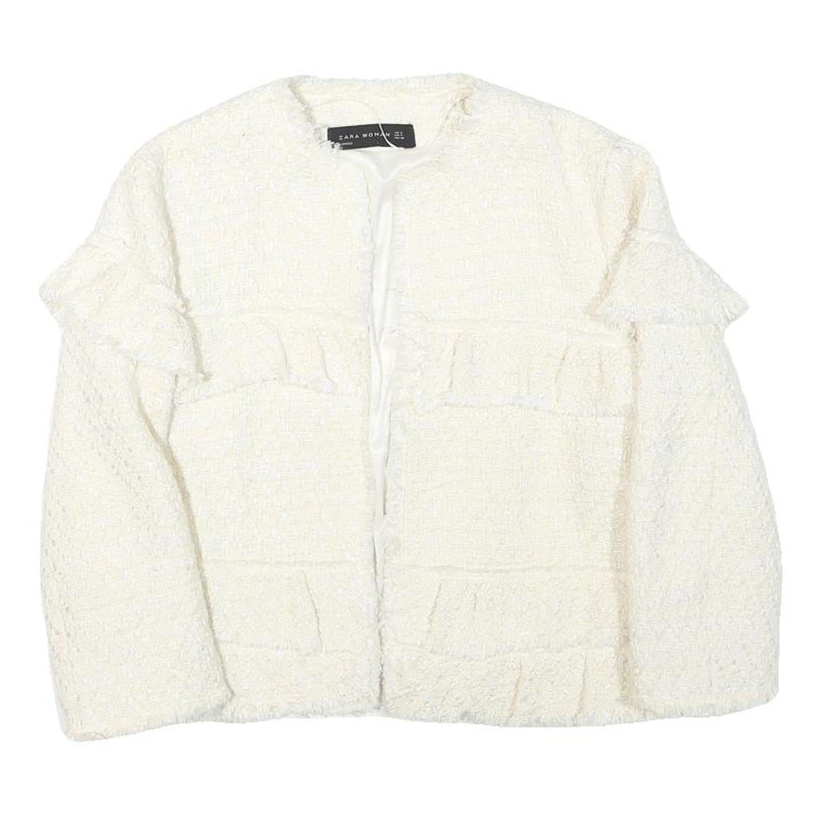 ZARA WOMAN Womens White Cream Cotton Blend Jacket M Woven Ruffle Detail Stylish Refurbished - N/A refurbished available on Cerqular