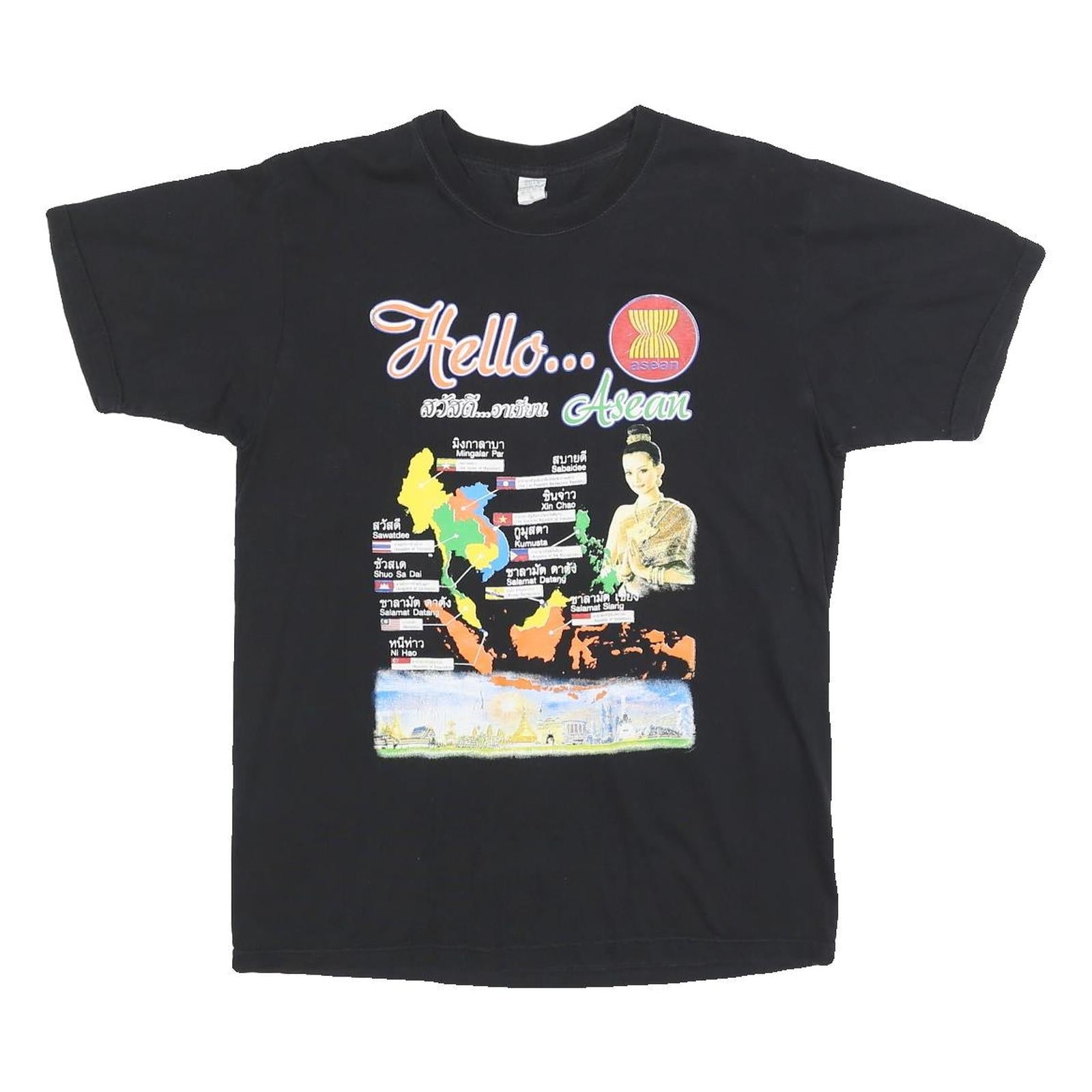Womens Black Hello Asean Graphic T-Shirt M Short Sleeve Crew Neck Cotton Refurbished - N/A refurbished available on Cerqular
