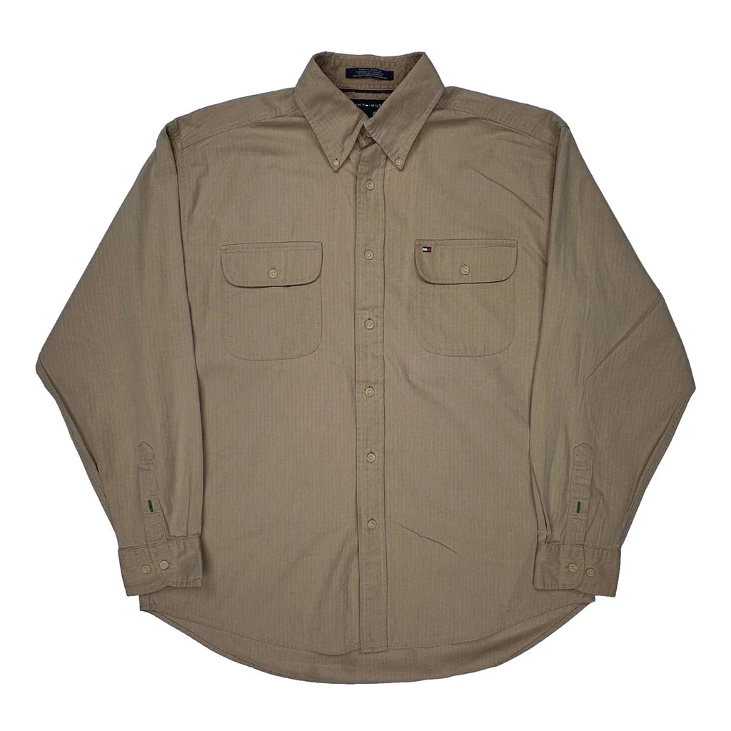 Tommy Hilfiger Shirt - Large Beige Cotton Refurbished - Thrifted (note: this is a term often used to describe second- refurbished available on Cerqular