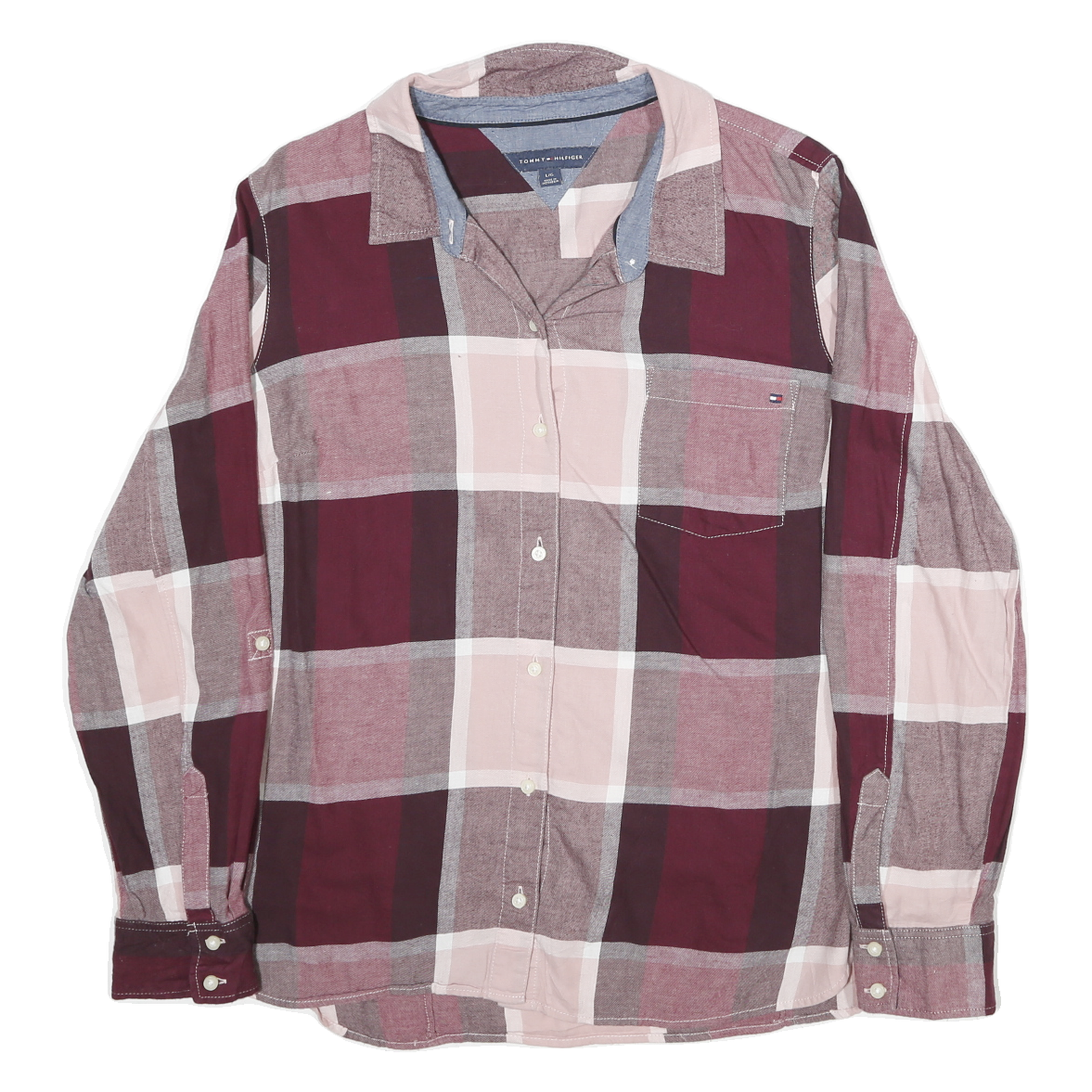 TOMMY HILFIGER Womens Maroon & Pink Check Shirt L Cotton Blend Casual Long Refurbished - N/A refurbished available on Cerqular